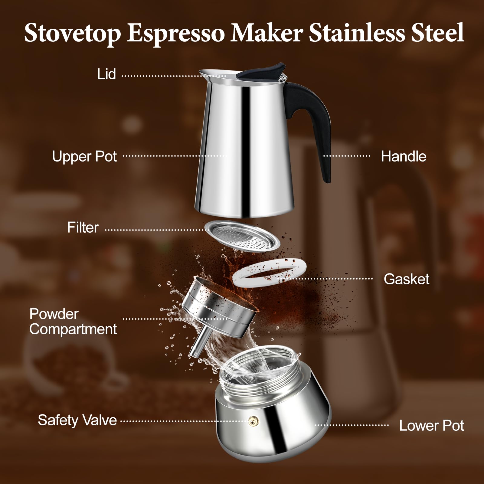 2 Cup Moka Pot Percolator - Italian Stovetop Espresso Maker (100ml) - Stainless Steel Coffee Brewer for Induction & Ceramic Cooktops - Perfect for Home, Office, Camping & Gifts