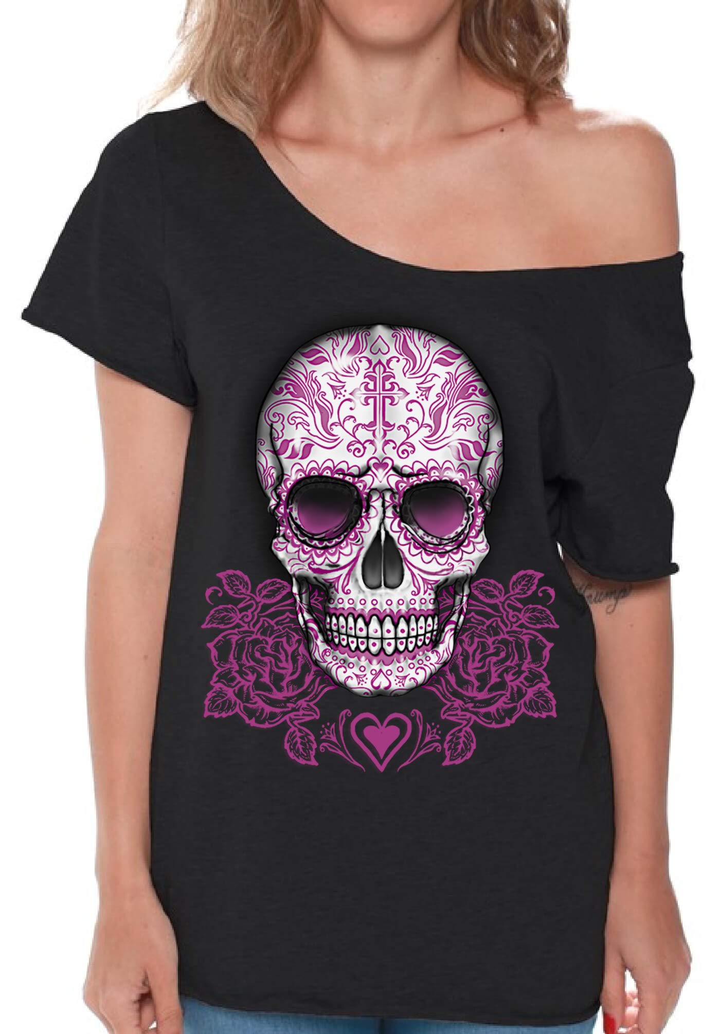 Awkwardstyles Sugar Skull Pink Roses Off Shoulder T-Shirt for Women - Gothic Boho Fashion Top with Free Bookmark Gift - Perfect for Halloween, Day of the Dead & Music Festivals