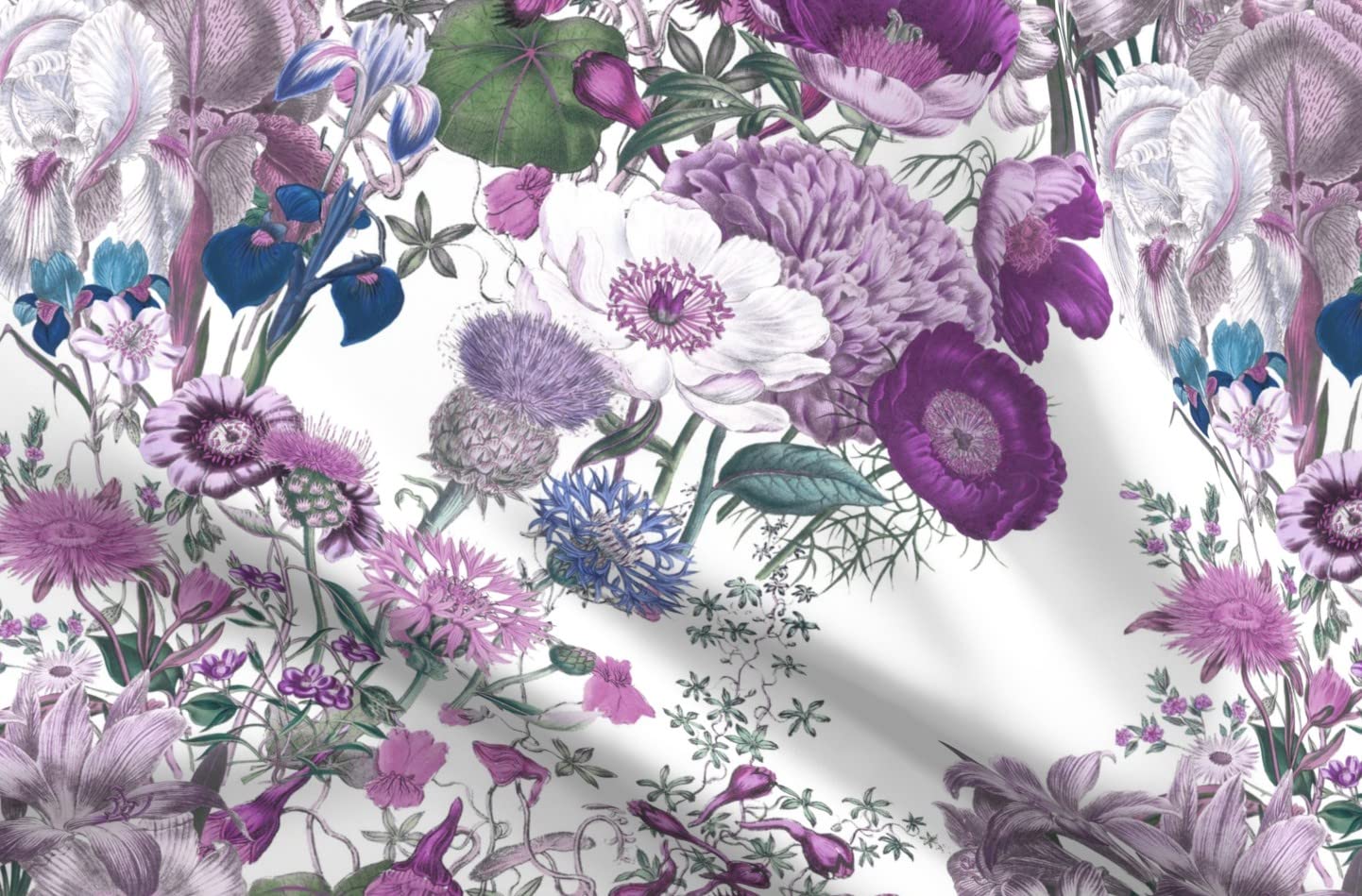 White Lilac Lavender Floral Printed Upholstery Velvet Fabric - Fat Quarter for Home Decor, Apparel & DIY Projects | Spring Botanical Flowers Design on Heavyweight Fabric