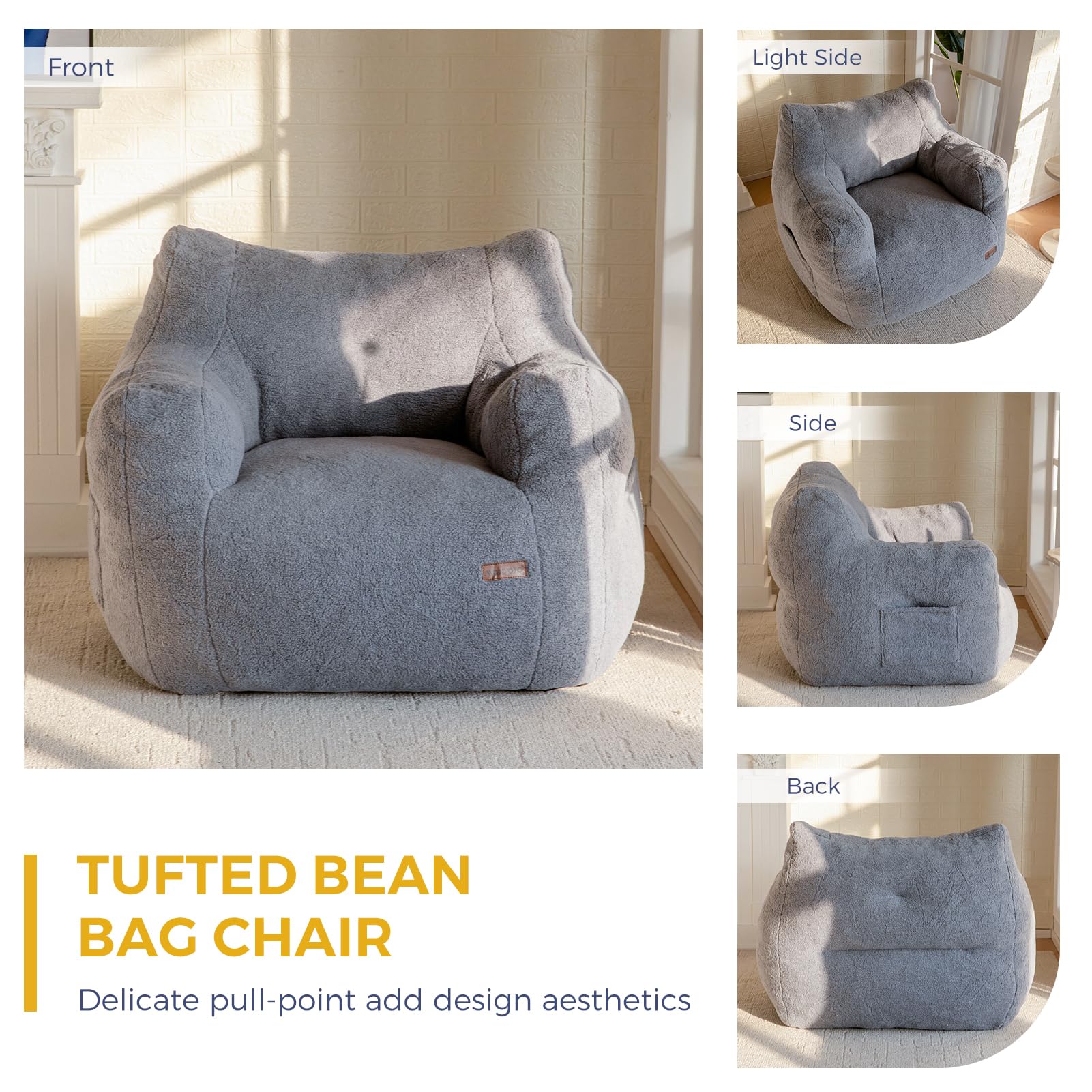 MAXYOYO Tufted Bean Bag Chair with Boucle Fabric - Ultra Soft Comfortable Lazy Sofa for Adults & Teens - Includes Filler - Perfect for Living Room, Bedroom, Game Room or Dorm - Grey