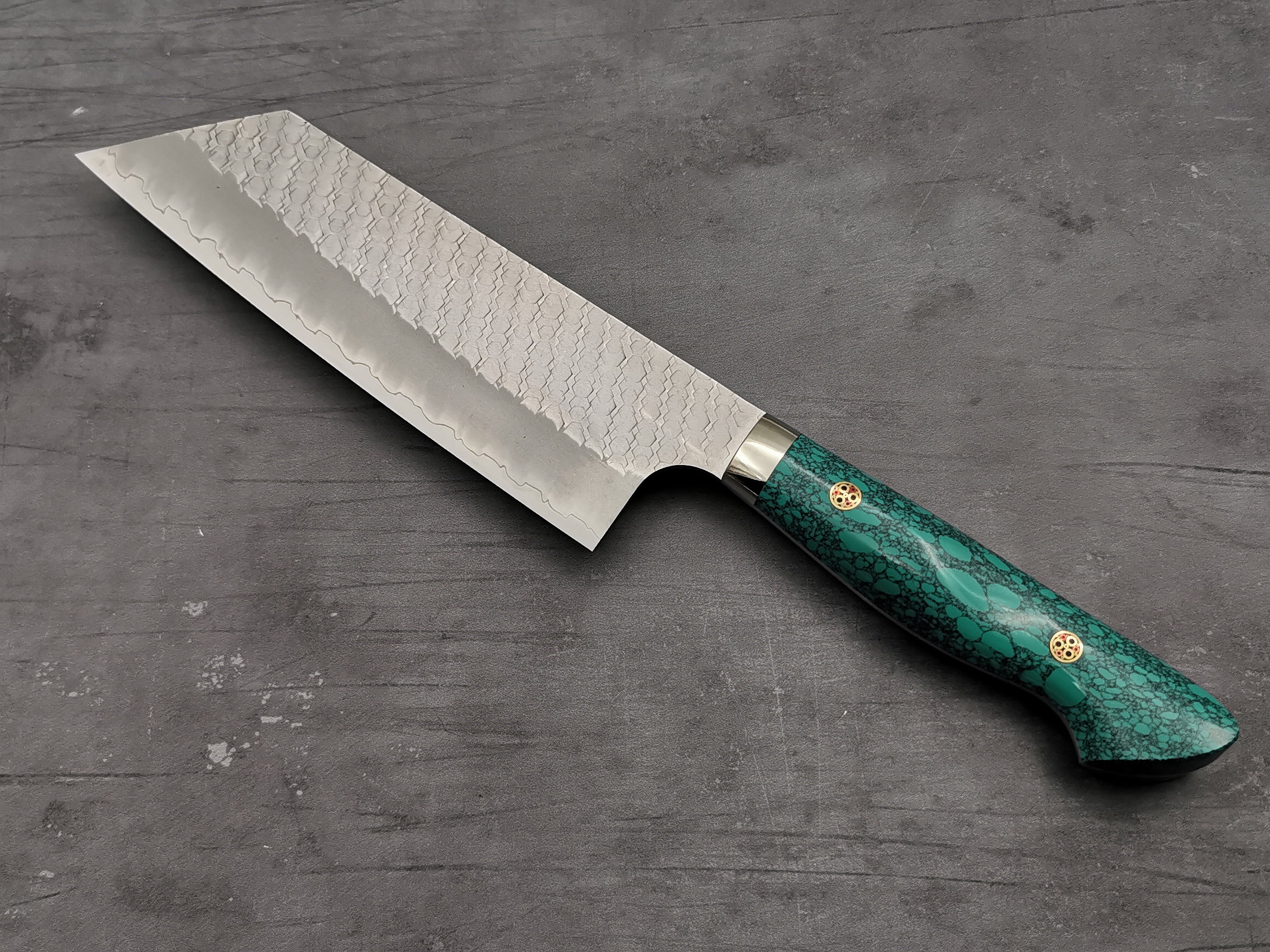 Premium Nigara Hamono SG2 Tsuchime Kiritsuke Nakiri Knife with Green Turquoise Handle - Japanese Kitchen Knife for Sushi, Vegetables & Precision Cutting