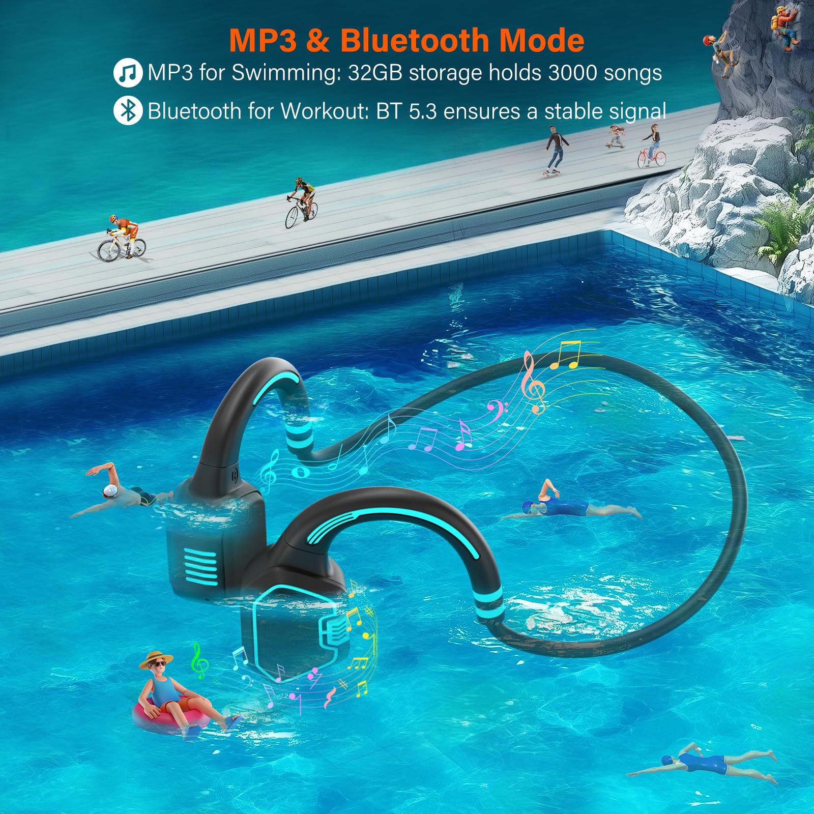 Wireless Bone Conduction Headphones IP68 Waterproof - Bluetooth 5.0 Open Ear Headphones with 32GB MP3 Player for Swimming, Running, Cycling & Workout - Sweatproof Sports Headset (Blue) | Perfect for Pool, Gym & Outdoor Activities