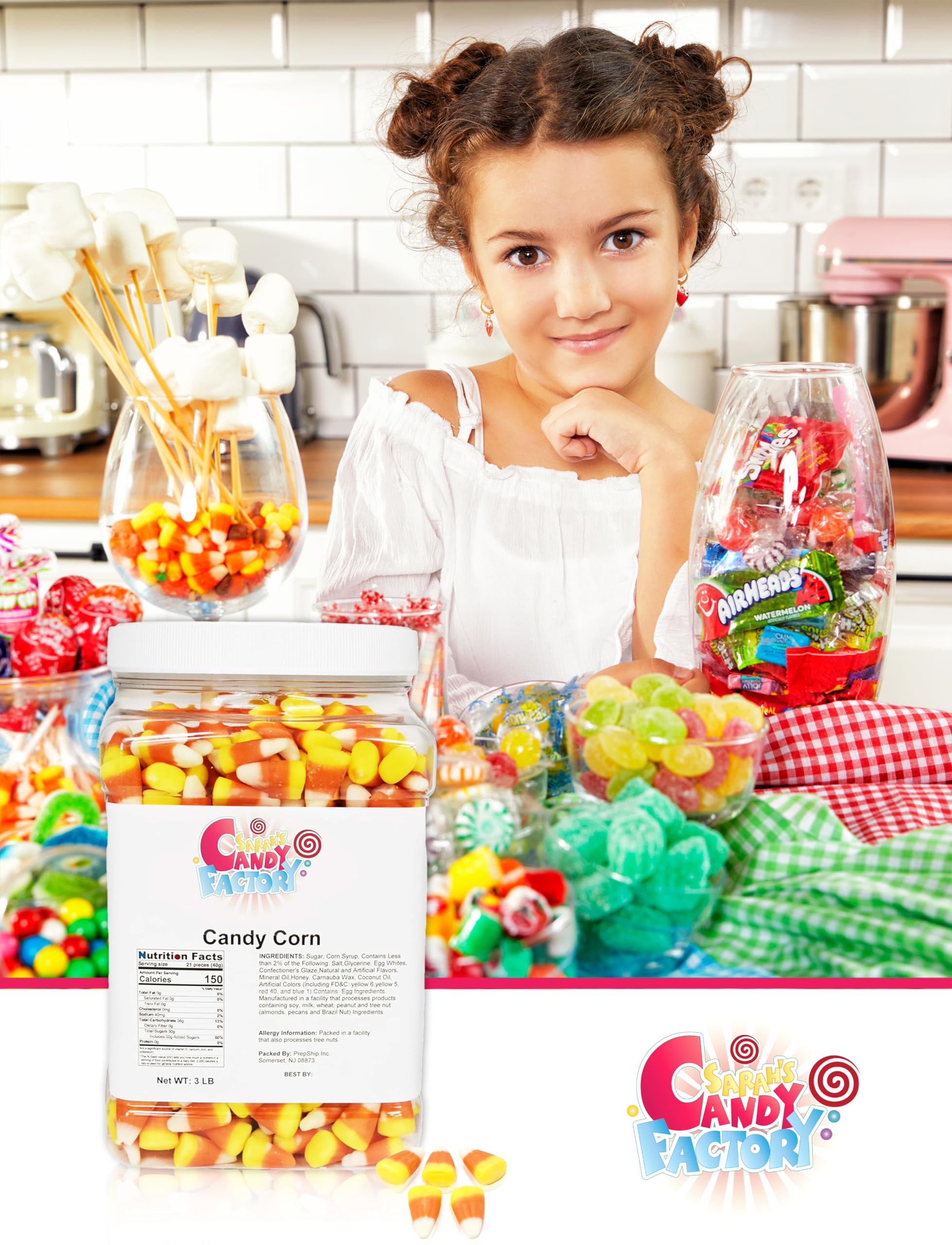 Sarah's Candy Factory Candy Corn in Jar - 3 Lbs Bulk Halloween Candy | Perfect for Trick-or-Treating, Party Favors & Holiday Gift Baskets