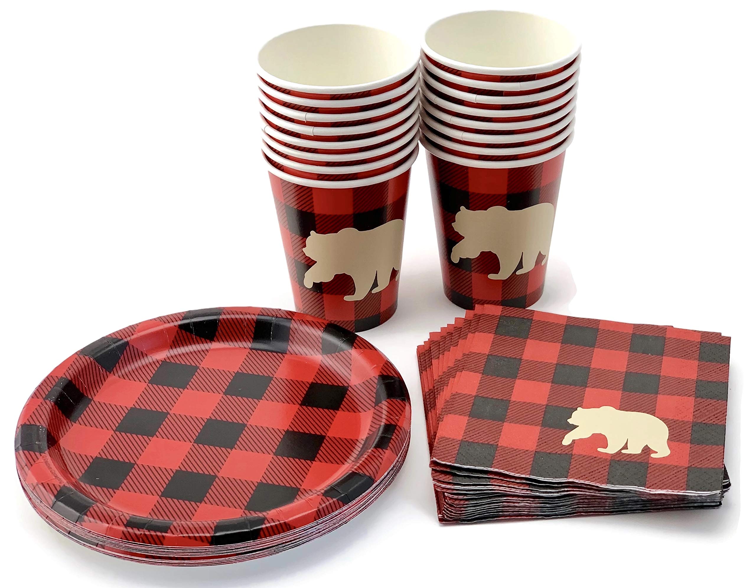 Buffalo Plaid Bear Baby Shower & Lumberjack Birthday Party Supplies Set - 16-Piece Disposable Plates, Napkins, Cups for Rustic Themed Celebrations