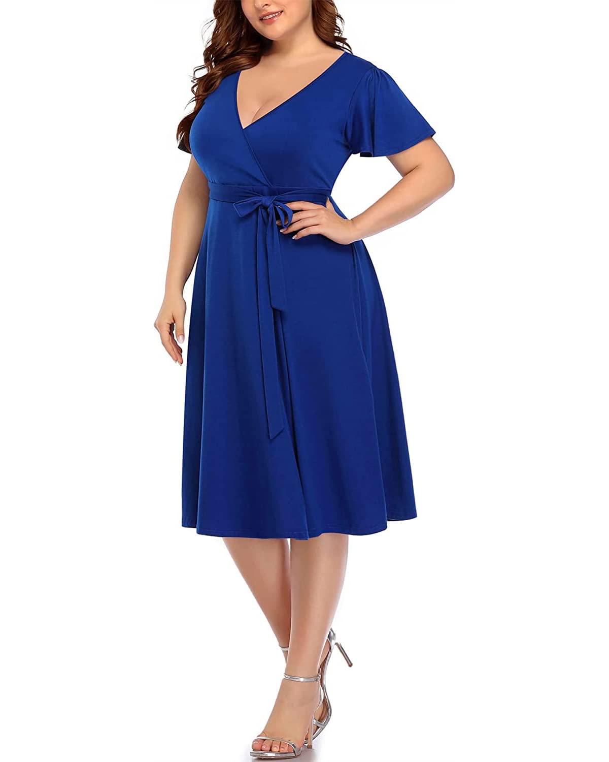 **Plus Size Pinup Fashion Women's Cocktail Dress - Semi Formal Wrap Empire Waist Midi Dress for Wedding Guest, Party & Special Occasions**