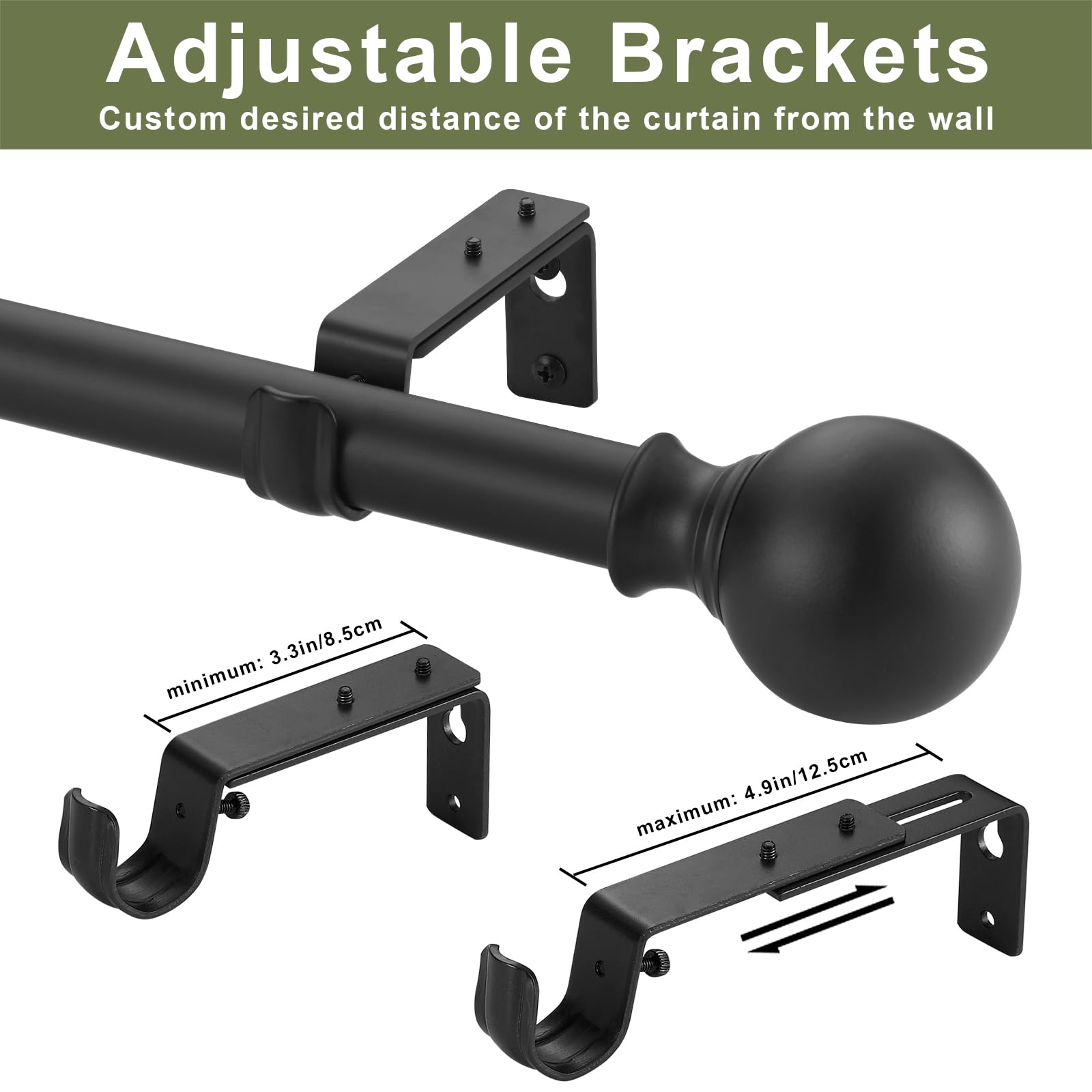 Adjustable Window Curtain Rod 36-72 Inches, 1 Inch Diameter Heavy Duty Drapery Rod with Decorative Round Finials - Matte Black for Living Room, Bedroom, Patio & Home Decor