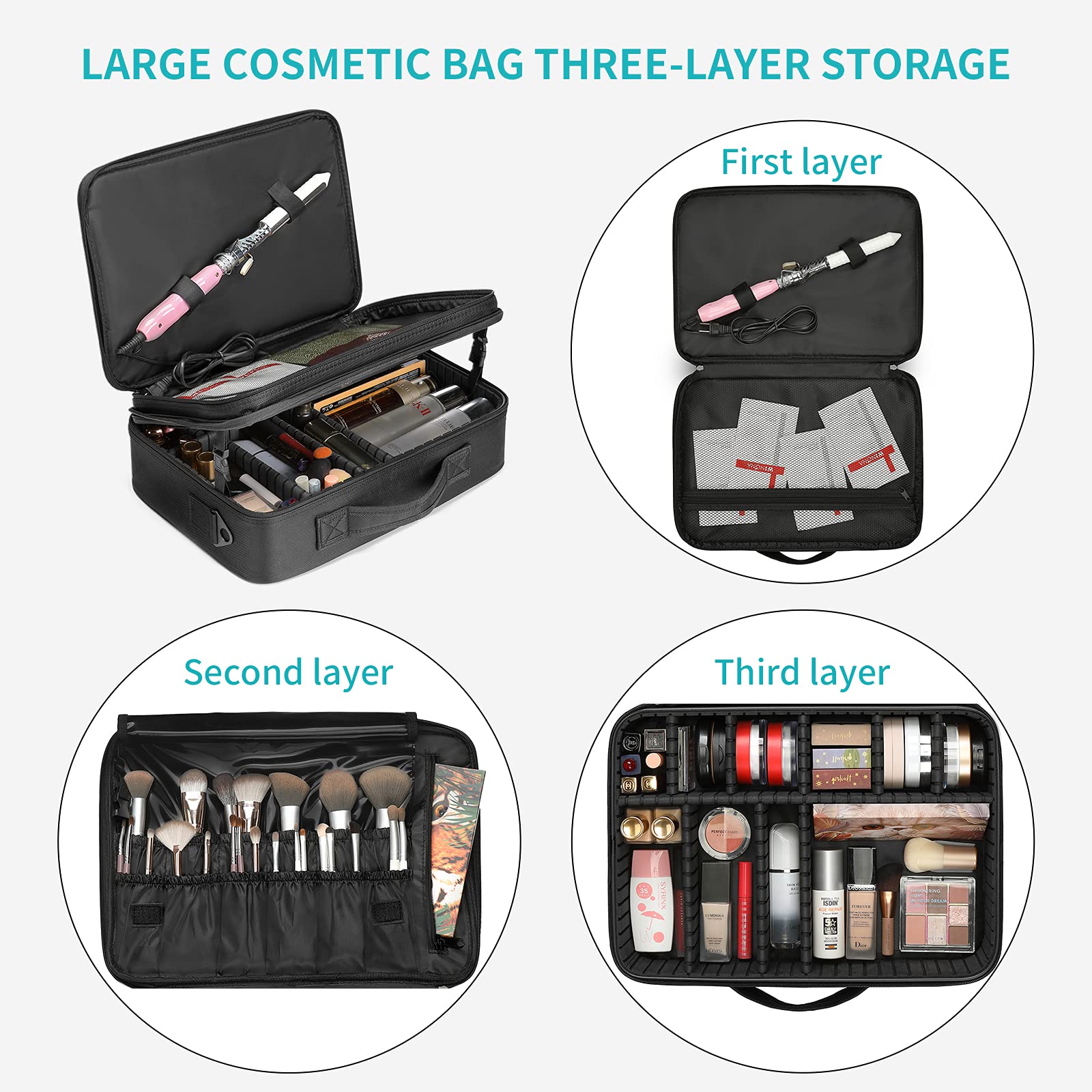 Vlando Large Makeup Bag Organizer for Women - Adjustable Dividers Travel Cosmetic Case for Brushes, Lipstick, Facial Masks - Black | Perfect for Travel, Home Storage & Salon Use