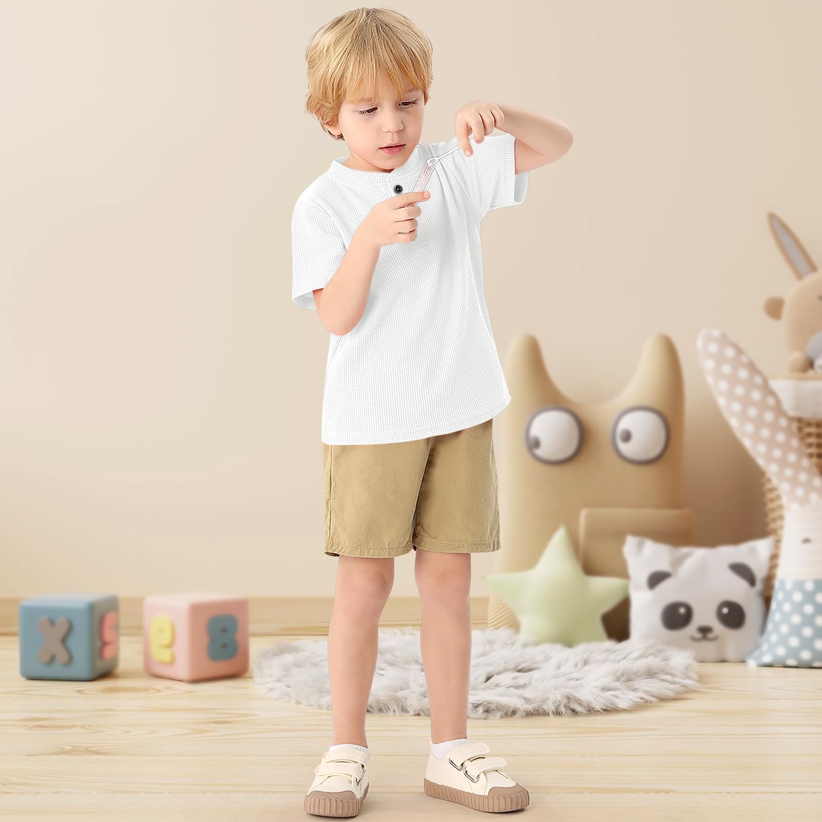 XMWEALTHY Baby Boys' 2-Pack Waffle Knit Short Sleeve Henley Shirts - Soft Cotton Toddler Tops for Playdates & Everyday Wear