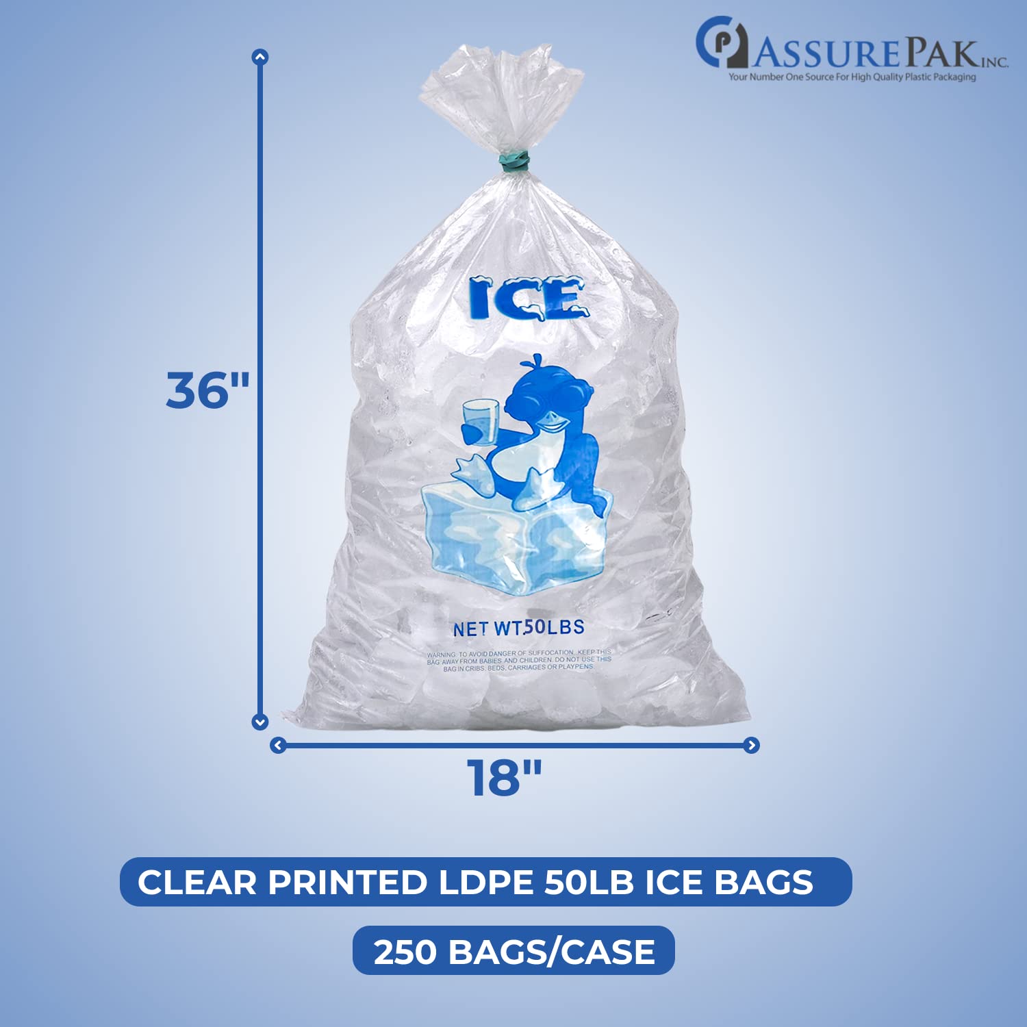 50LB Clear Plastic Ice Bags - 250 Bags per Case (18