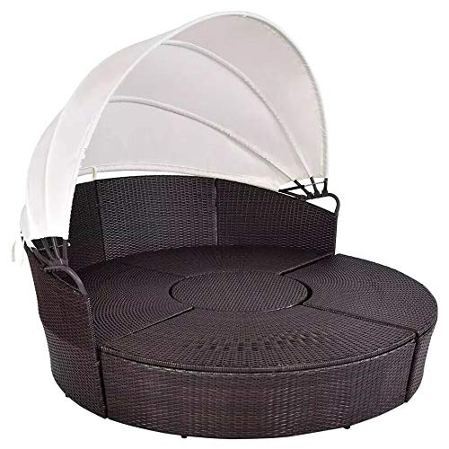 AlphaBaby Outdoor White Rattan Patio Sofa with Retractable Canopy - Round Daybed for Poolside, Garden, and Patio Relaxation