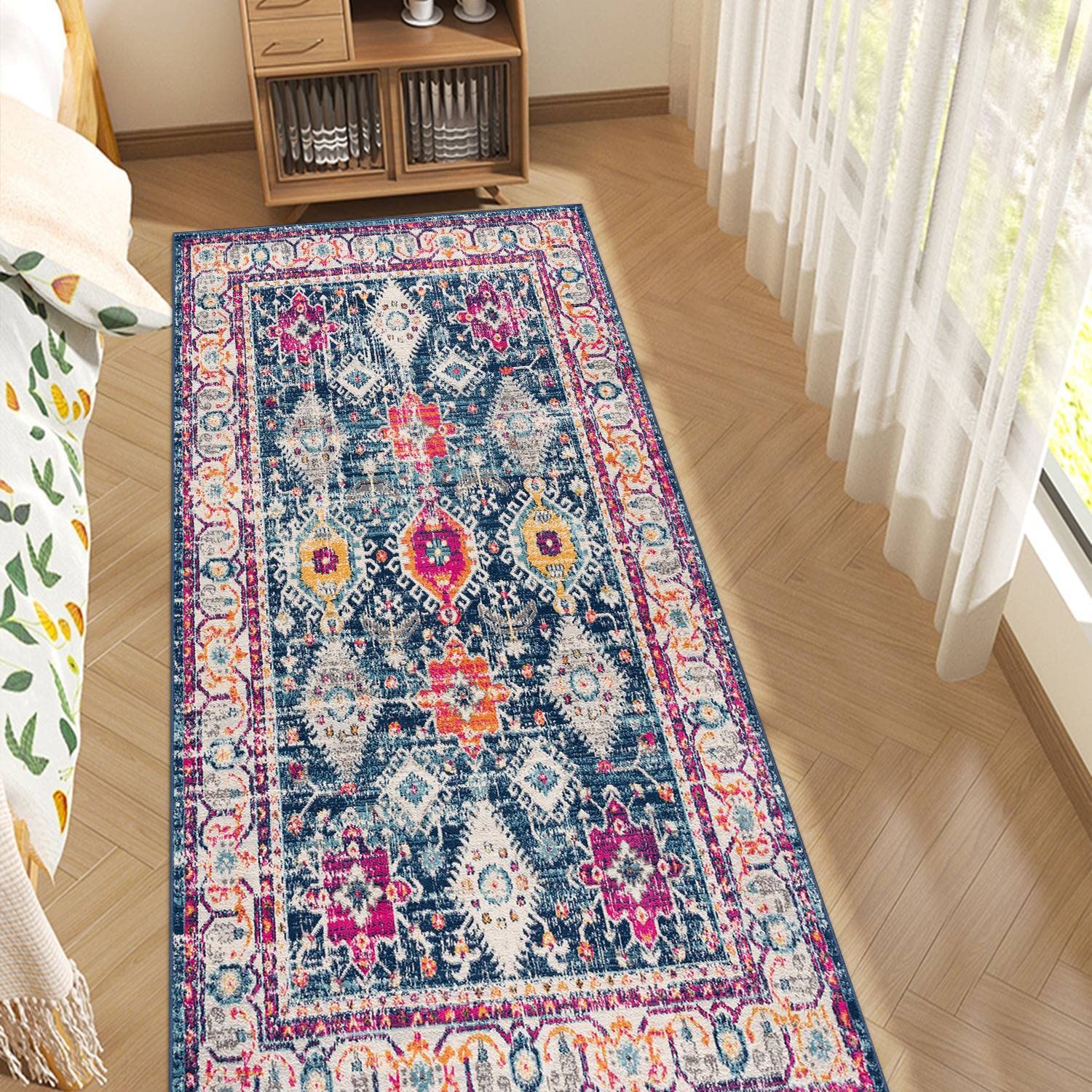 Vintage Moroccan Geometric Area Rug - Abstract Boho Chic Distressed Hallway Runner Carpet, Soft Microfiber Shag for Bedroom, Laundry & Bathroom (23.6x59 inches) - Perfect for Bohemian Home Decor & Cozy Floor Accents