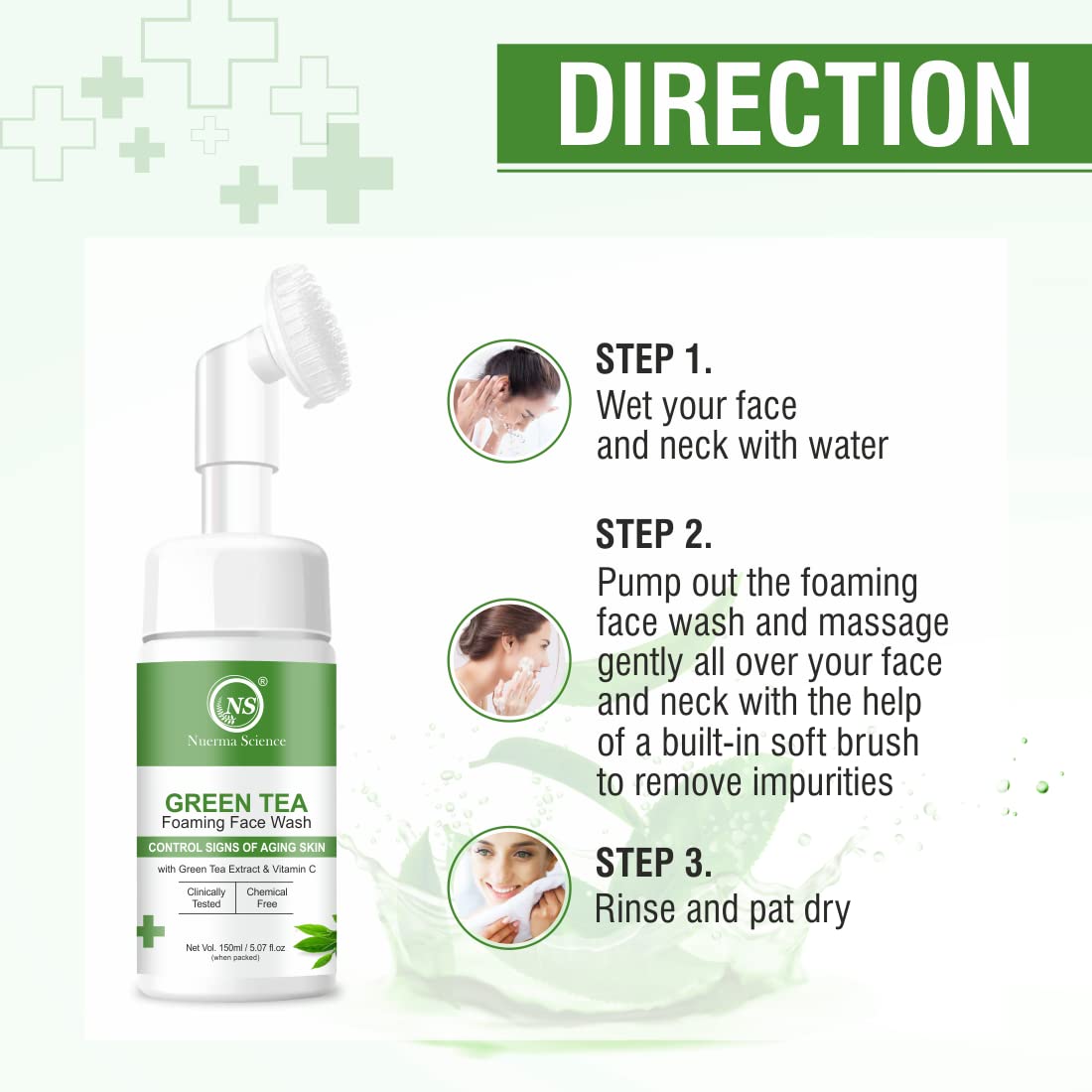 Nuerma Science Green Tea Foaming Face Wash with Vitamin C & Mulethi Extract - Anti-Aging, Hydrating & Brightening Facial Cleanser for Glowing Skin (150ml) | Perfect for Daily Skincare Routine & Removing Impurities