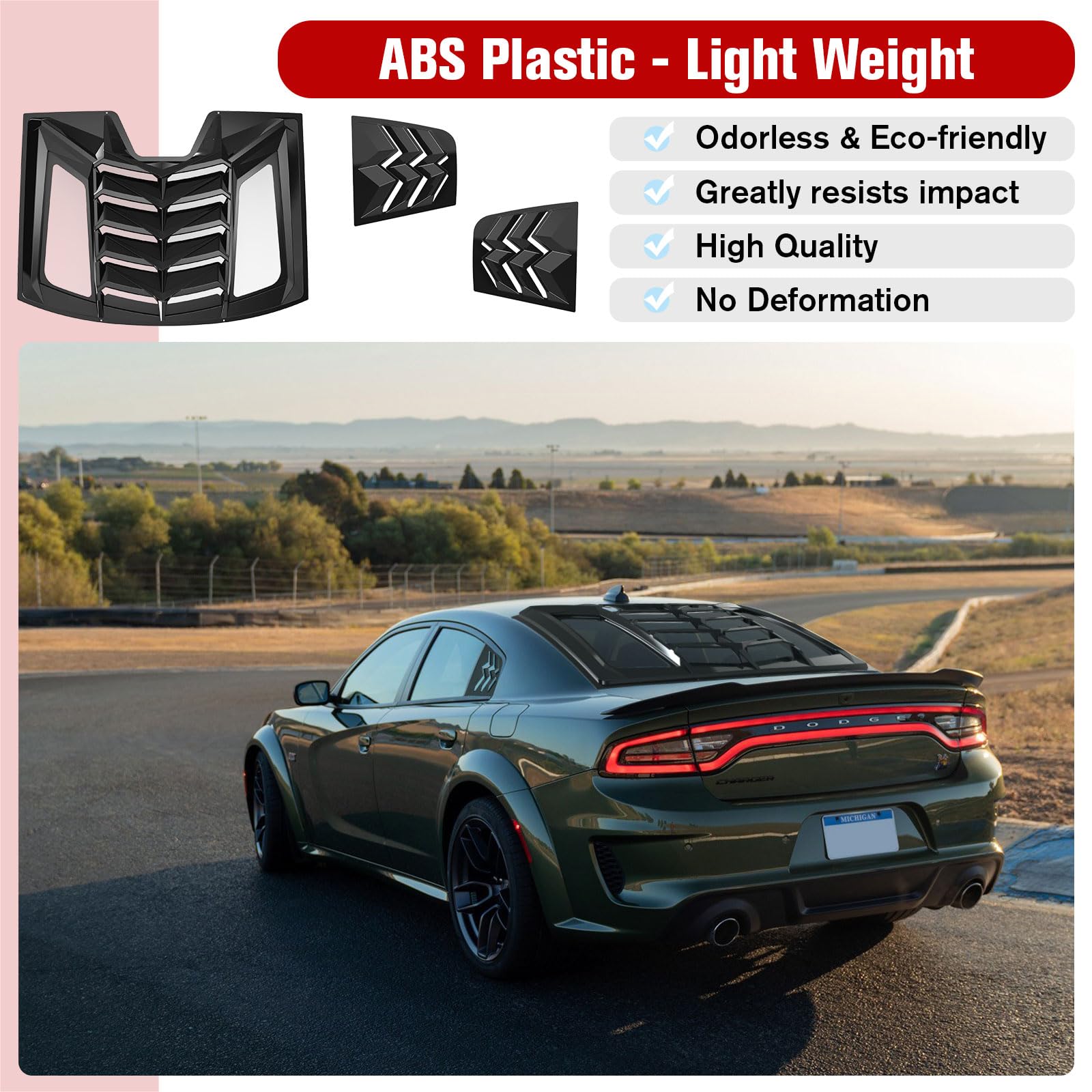 Lambo Style ABS Window Louvers for Dodge Charger 2011-2023 - Rear & Side Windshield Sun Shade Cover Compatible with SXT/GT/R/T/Scat Pack/SRT Hellcat/Widebody/Redeye/Daytona - All Weather Protection (Bright Black) | Street Racing & Car Show Accessories
