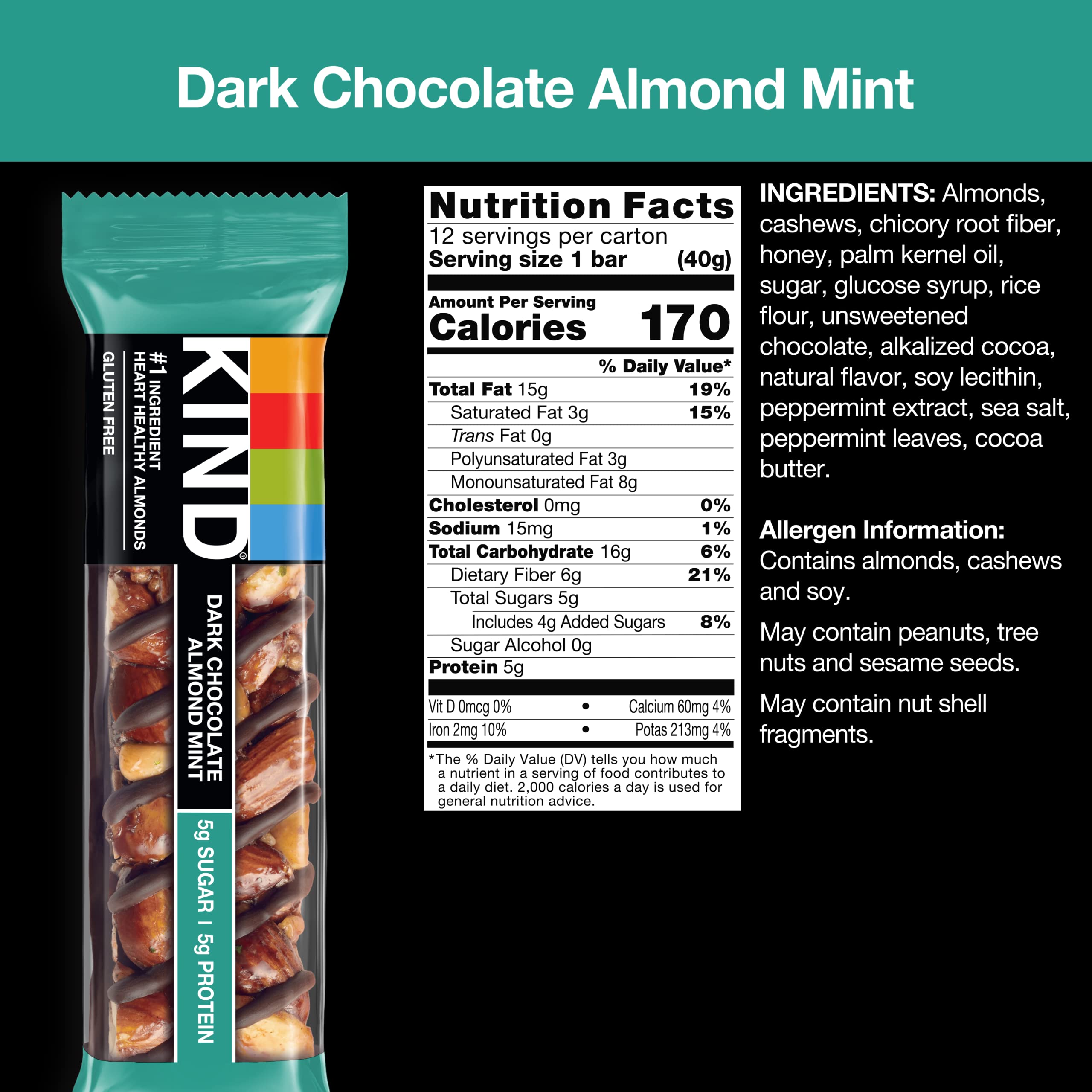 KIND Nut Bars, Dark Chocolate Mint - Gluten Free Healthy Snacks with 5g Protein & Low Sugar (12 Count) | Perfect for On-the-Go Energy, Hiking & Office Snacks