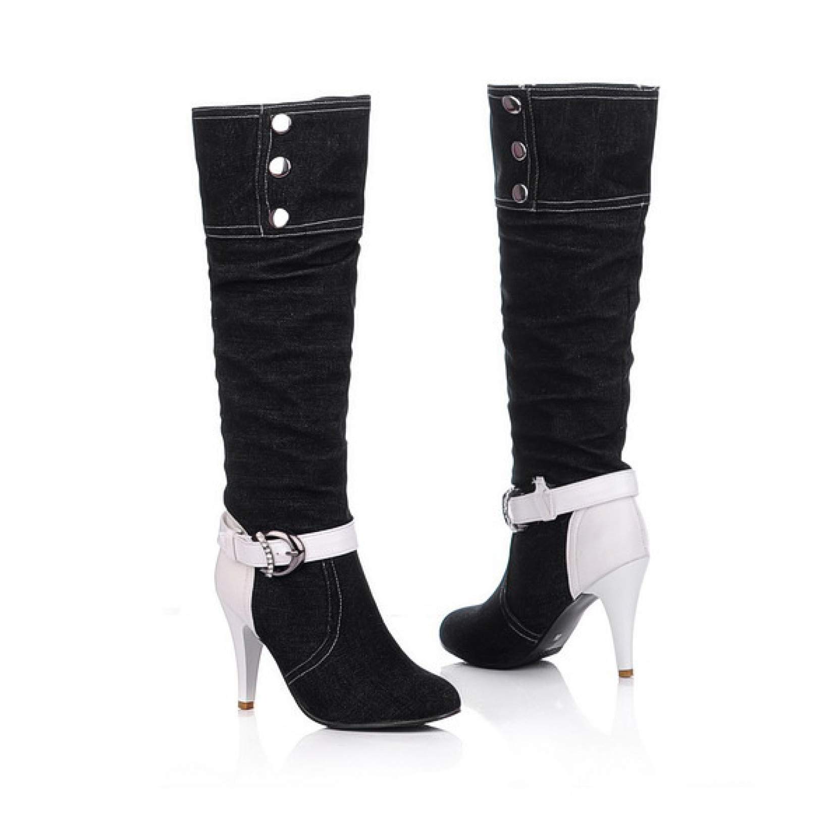 Women's Platform High Heel Cowboy Boots - Mid Calf Buckle Strap Stiletto Heels, Non-Slip Sole for Casual Wear, Night Out & Western Fashion