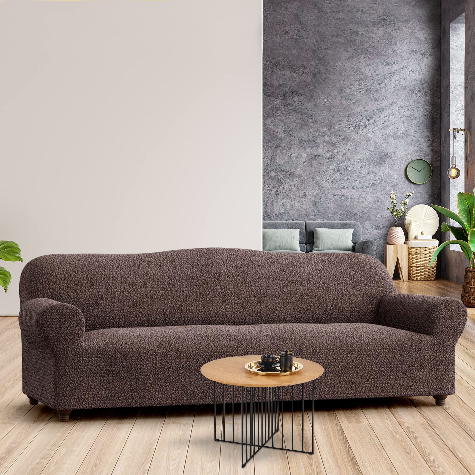 Stretch Sofa Slipcover - Soft Polyester Fabric Couch Cover - Washable 1-Piece Form Fit Protector for Pets - Mille Righe Collection in Brown | Perfect for Living Room, Family Room & Pet-Friendly Homes