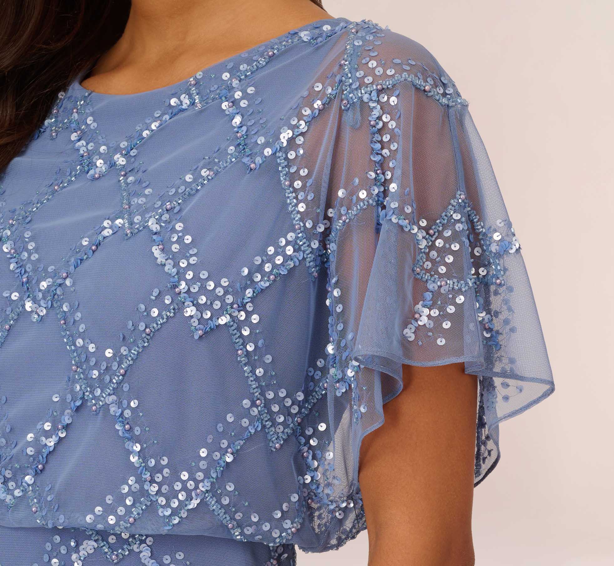 Hand Beaded Blouson Long Gown With Flutter Sleeves - French Blue Elegant Evening Dress for Women | Perfect for Weddings, Galas, and Special Occasions