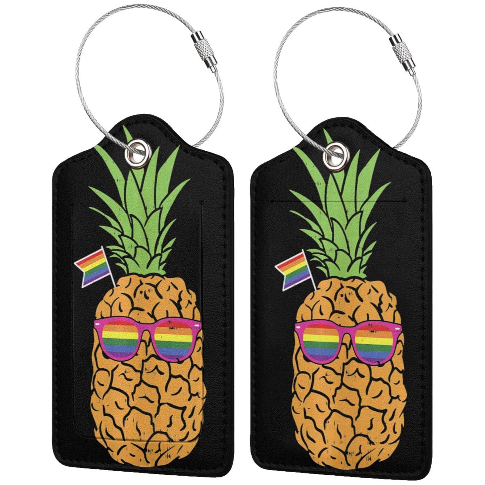 2 Pack LGBT Pineapple Leather Luggage Tags with Stainless Steel Loop - Durable Travel Baggage Tags for Suitcases, Handbags & School Backpacks | Perfect for Pride Travel, Vacation & Daily Commute
