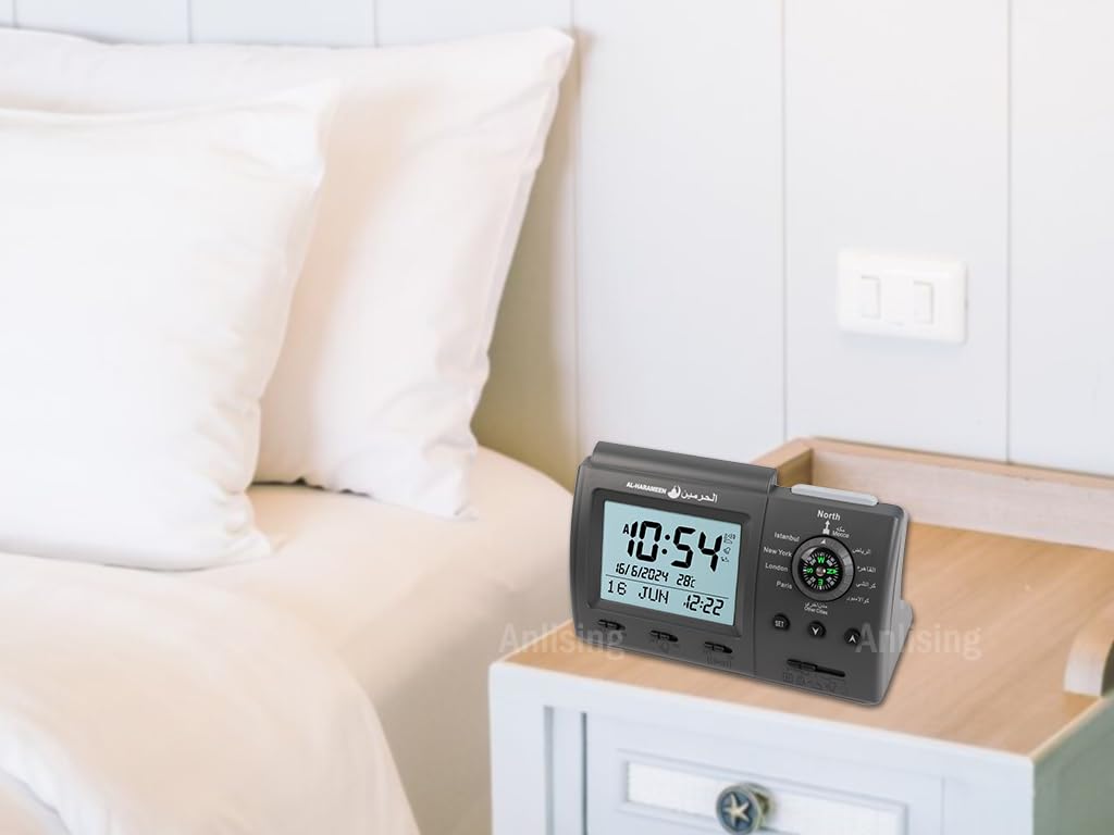 Anlising Islamic Azan Alarm Table Clock - Digital Muslim Prayer Alarm with Qibla Direction, Ramadan Gift for Home & Office (3005 Black) | Perfect for Daily Salah, Ramadan, and Islamic Prayer Reminders
