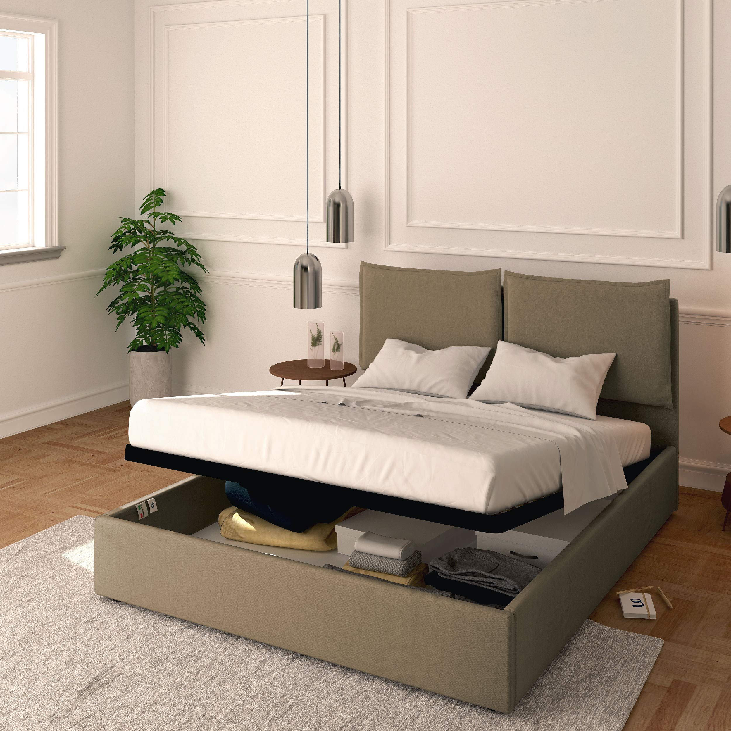 Baldiflex Licia Queen Size Storage Bed with Upholstered Headboard - Synthetic Leather, Slatted Base for 160x190cm Mattress, Taupe Color - Perfect for Master Bedrooms & Guest Rooms