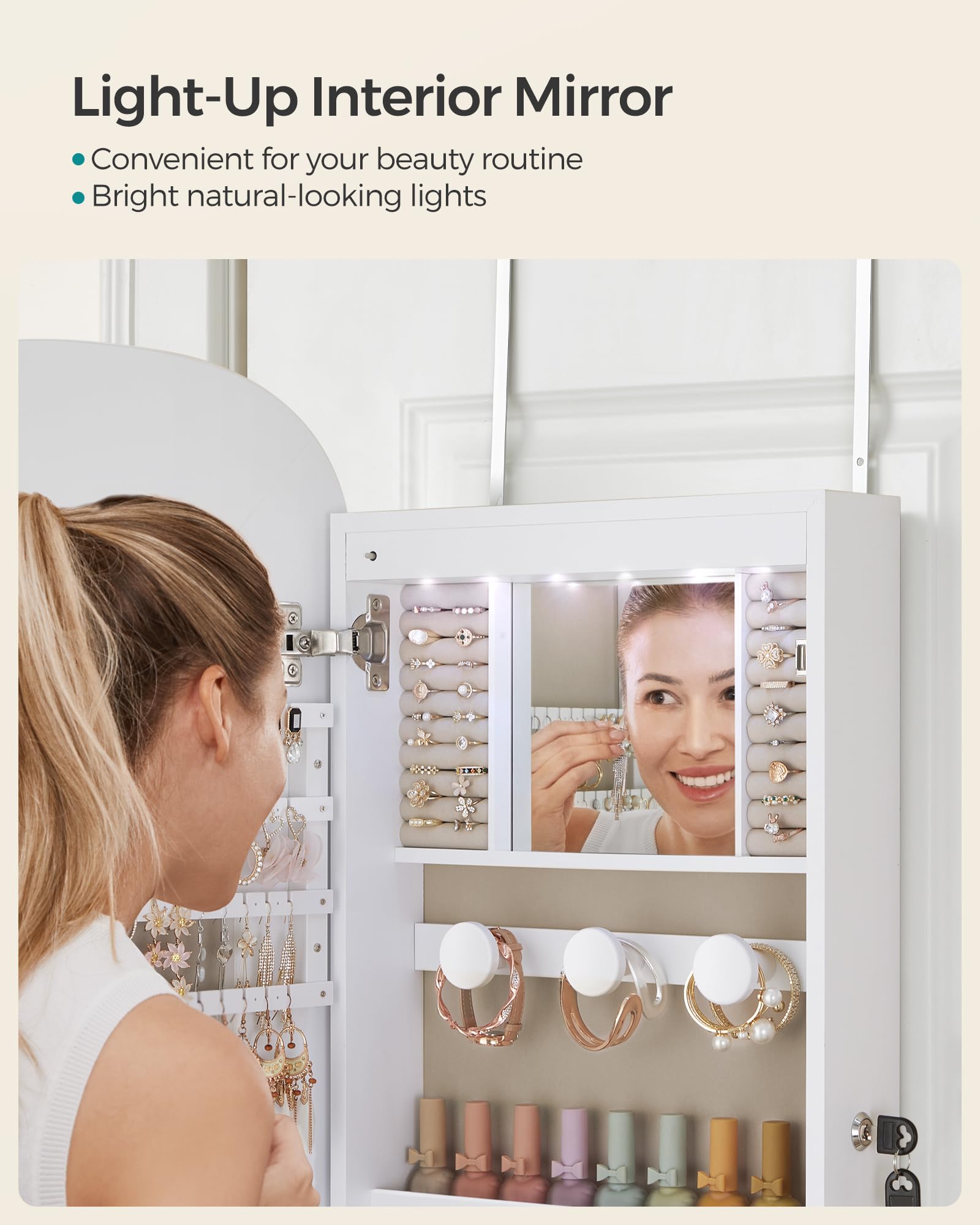 SONGMICS LED Jewelry Organizer Cabinet with Lockable Mirror - Wall or Door Mounted Jewelry Storage, 3.9 x 16.5 x 42.5 Inches, White with Greige Lining - Perfect for Bedroom, Closet, or Dressing Room Organization