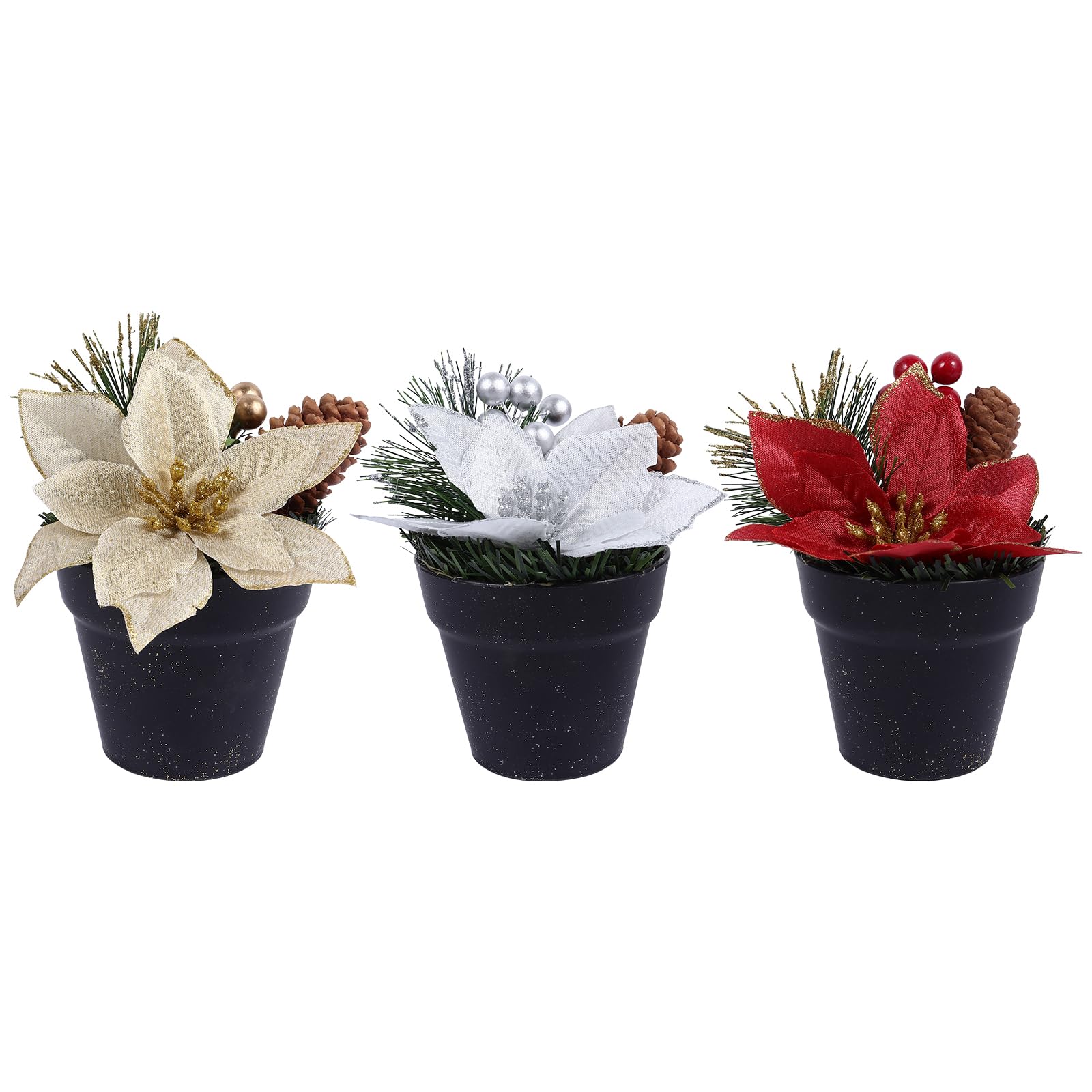 Amosfun 3 Pack Christmas Poinsettias Artificial Flowers in Pots - Realistic Desktop Plants for Home, Office, Garden Decor | Farmhouse Holiday Party Centerpiece, Tabletop & Seasonal Decoration