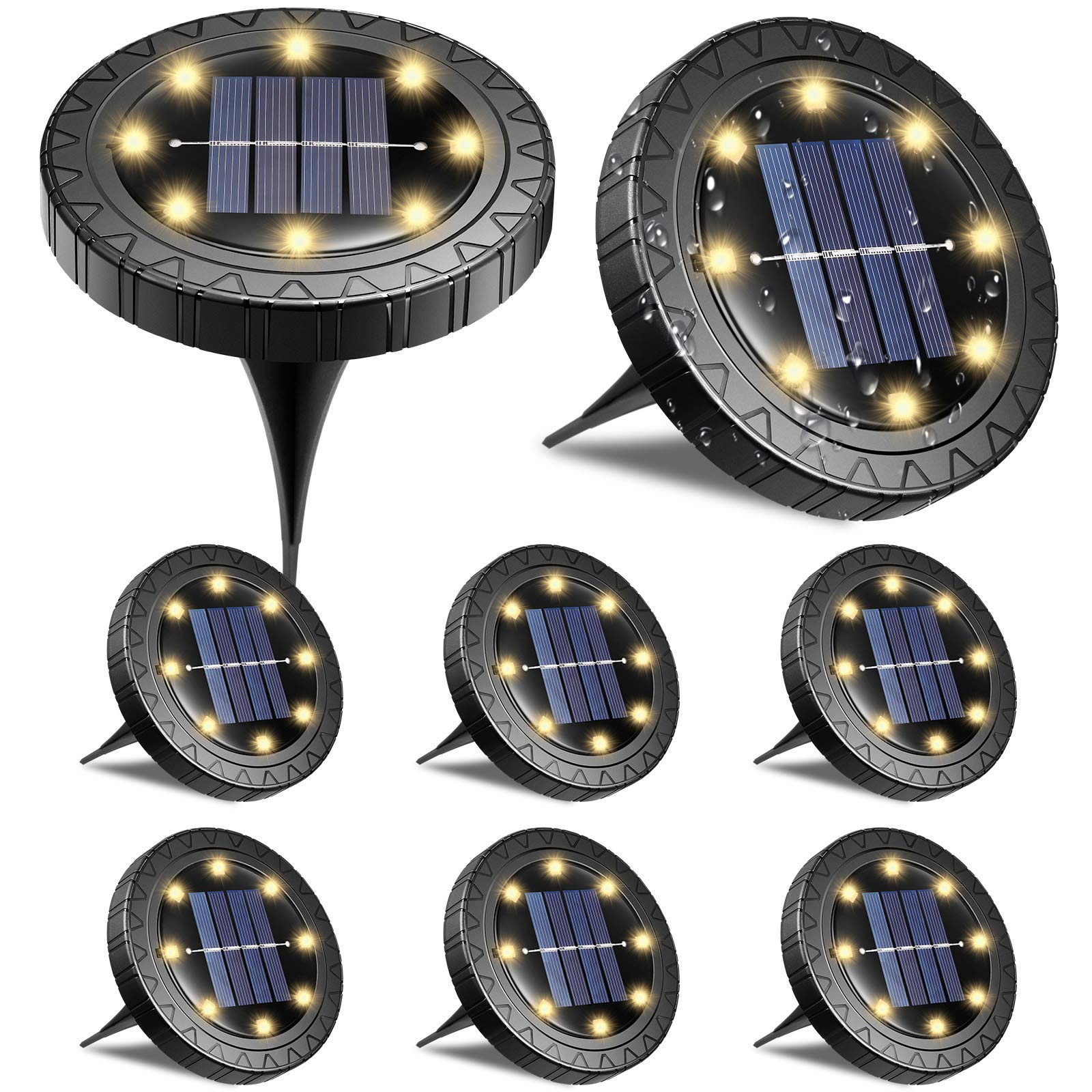 8 Pack Solar Ground Lights - 8 LED Waterproof Outdoor Solar Disk Lights for Lawn, Patio, Pathway, Yard, Deck, Walkway, Camping (Warm White) | Perfect for Garden Decoration & Nighttime Safety Lighting