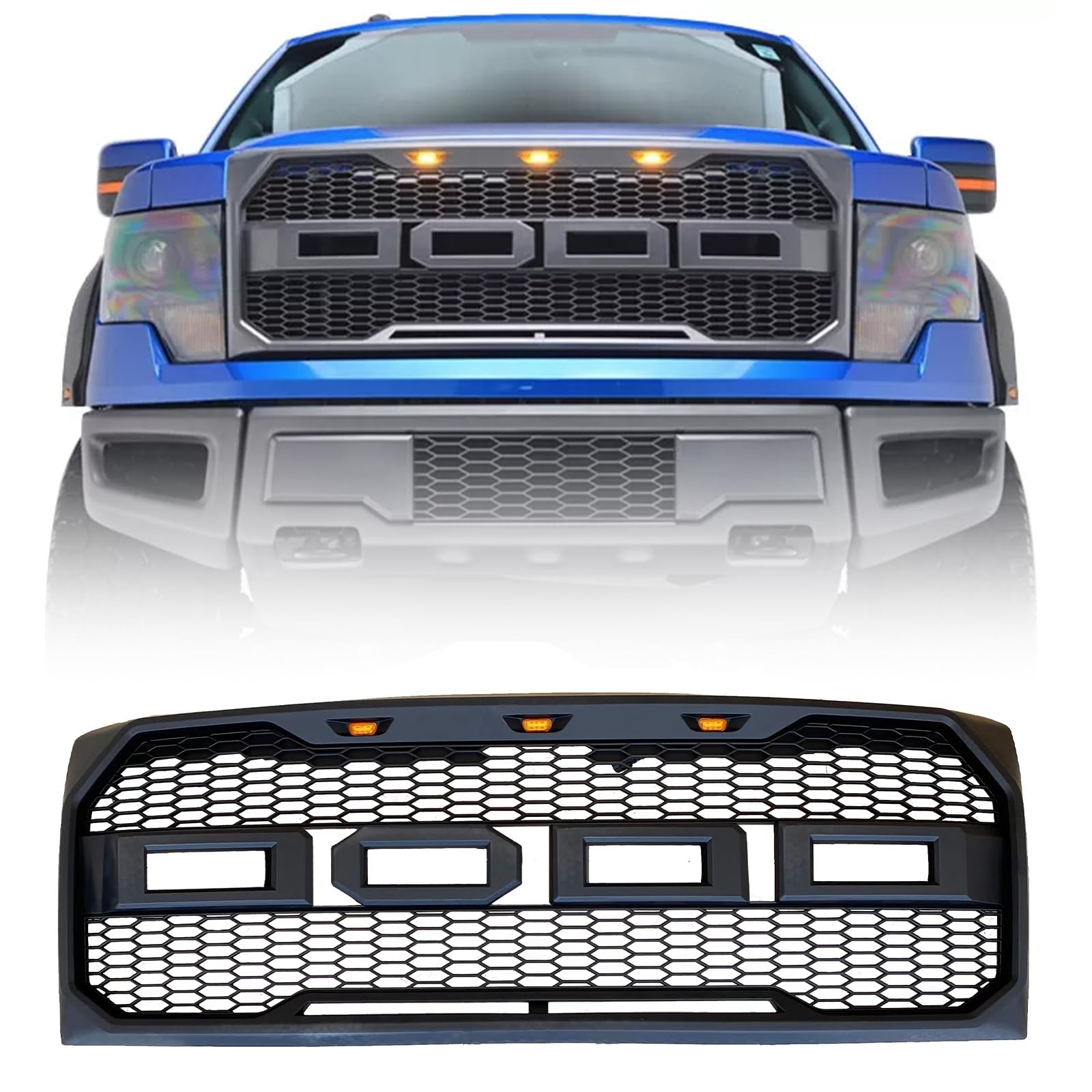 2009-2014 Ford F-150 Pickup Truck Front Grille Replacement - ABS Black Mesh Grill with LED Lights & Emblem Letters | Perfect for Off-Road Upgrades & Custom Truck Modifications