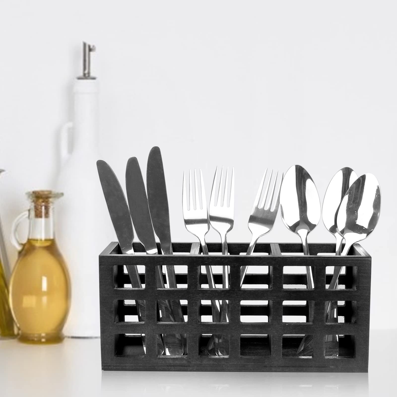 Farmhouse Wooden Silverware Caddy - Kitchen Countertop & Dining Table Utensil Organizer for Forks, Spoons, Knives - Rustic Cutlery Holder for Home, Party, Picnic & Outdoor Dining Storage