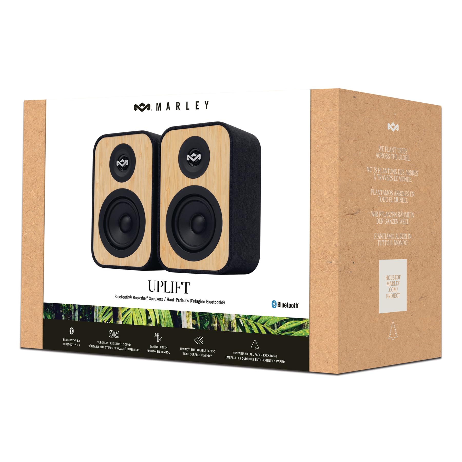 House of Marley Uplift Bluetooth Bookshelf Speakers - Bamboo Finish, Bluetooth 5.3, Superior Stereo Sound with RCA Input | Sustainable Design with Recycled Fabric & Eco-Friendly Packaging | Perfect for Turntables, Home Theater & Music Listening