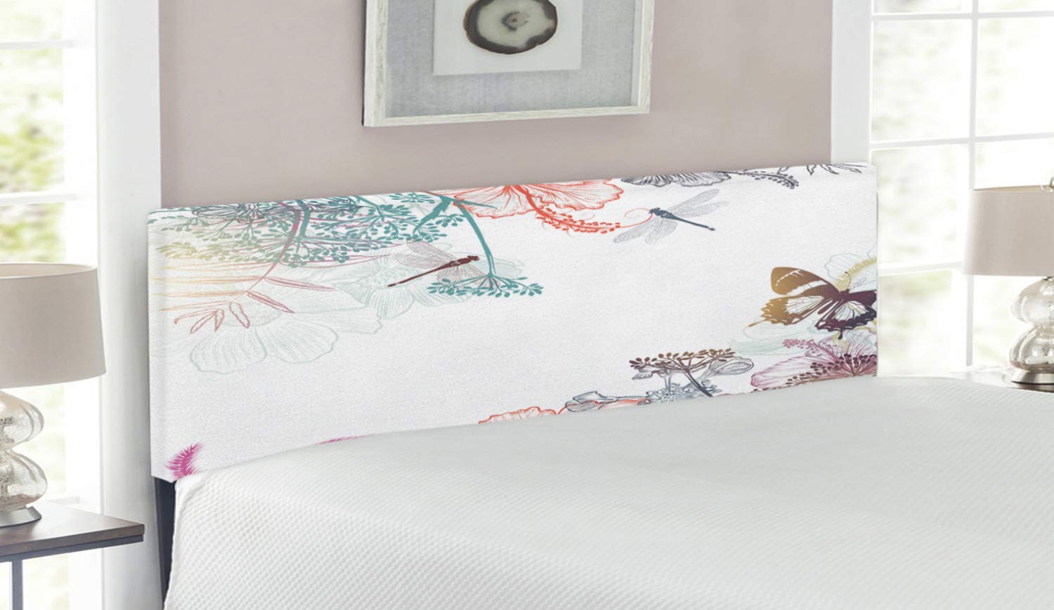 Ambesonne Dragonfly Headboard - Queen Size Upholstered Metal Bed Frame with Memory Foam | Vintage Botanical Design Featuring Wildflowers, Hibiscus & Ferns | Perfect for Bohemian & Nature-Inspired Bedroom Decor