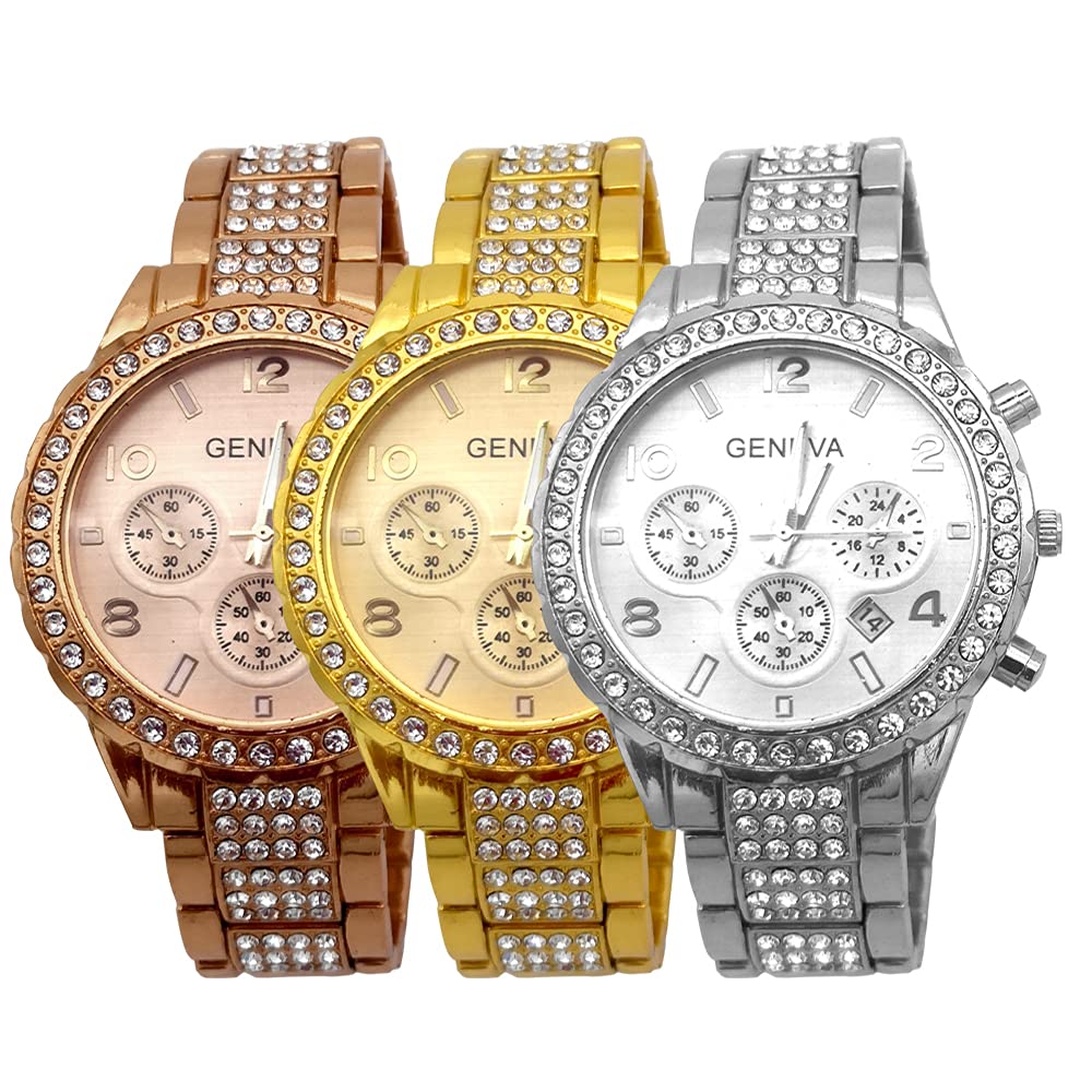 3 Pack Luxury Unisex Pave Crystal Digital Calendar Quartz Watch - Rose Gold & Silver Stainless Steel Bracelet Watches for Men & Women | Perfect for Gifts, Business, and Formal Occasions