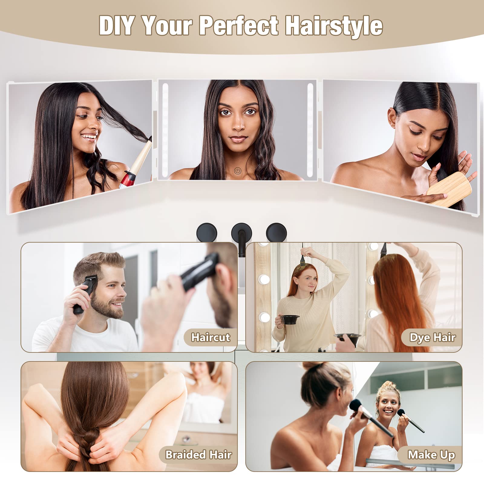 Dripex 3-Way Rechargeable LED Makeup Mirror - 360° Rotating Trifold Self Haircut Mirror with Adjustable Height Hooks for Hair Styling, Shaving, Braiding & Dyeing | Perfect for Home Salon, Bathroom Vanity & Professional Use