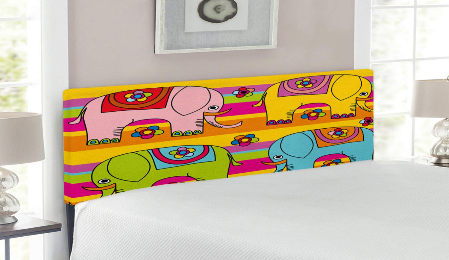 Ambesonne Elephant Cartoon Headboard - Colorful Hand Drawn Fantasy Floral Design, Upholstered Decorative Metal Bed Headboard with Memory Foam, Queen Size, Multicolor - Perfect for Kids' Bedrooms & Bohemian Style Home Decor