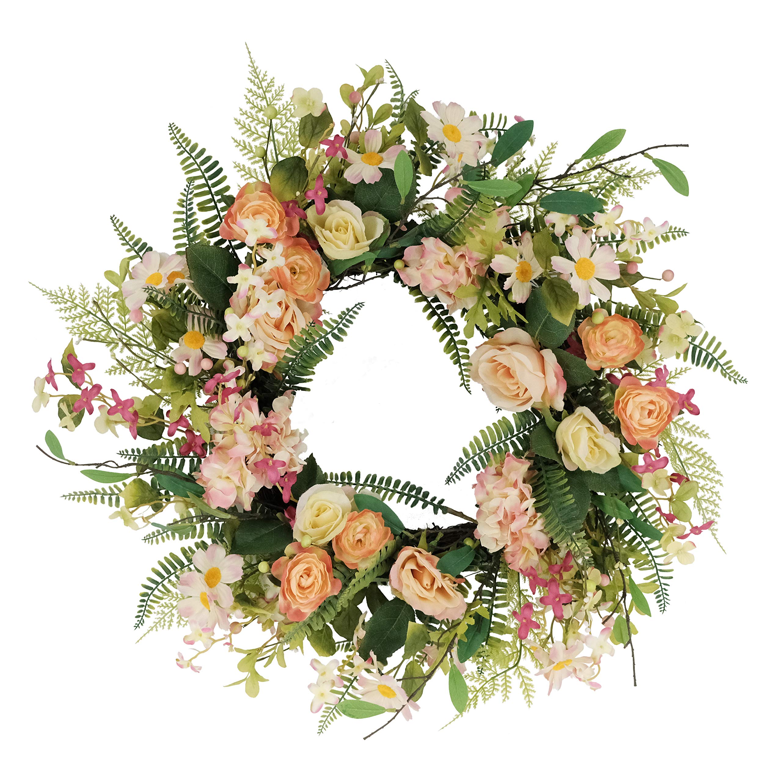 Puleo International 24-Inch Artificial Rose and Hydrangea Floral Spring Door Wreath - Elegant Home Decor for Front Door, Wall, or Seasonal Display