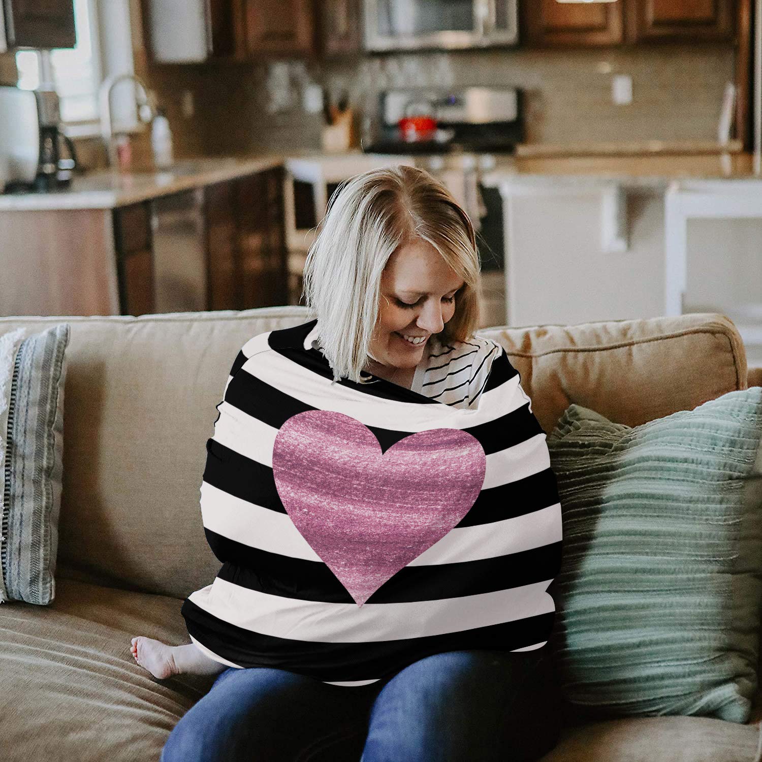 Breastfeeding Cover Scarf - Stretchy Soft & Breathable Nursing Poncho for Baby, Kids Car Seat & Stroller Cover - Heart Pink & Striped White Black Design - Perfect for Nursing Privacy, Travel & Outdoor Use