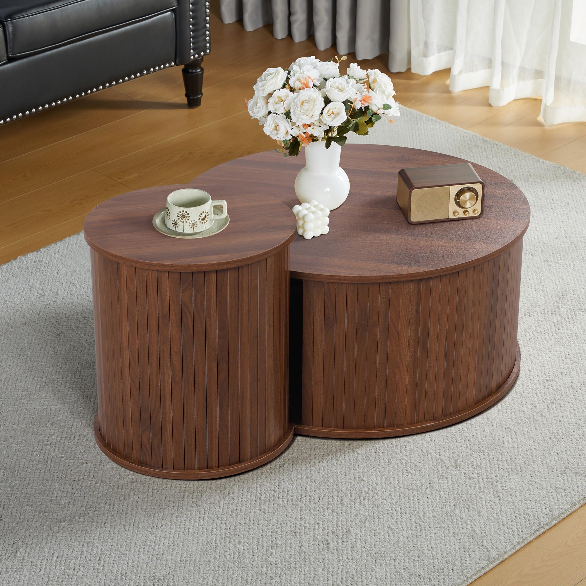 Round Wooden Nesting Coffee Table Set of 2 - Walnut Finish Circle Side Tables for Living Room, Office & Balcony | Perfect for Small Spaces, Home Decor & Coffee Time