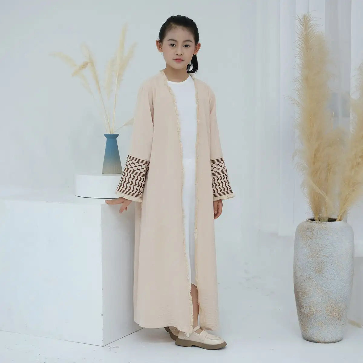 Muslim Mother Daughter Matching Abaya Dress with Embroidery & Tassel Sleeves - Elegant Cardigan Open Design for Women & Girls - Perfect for Eid, Ramadan, Wedding & Special Occasions