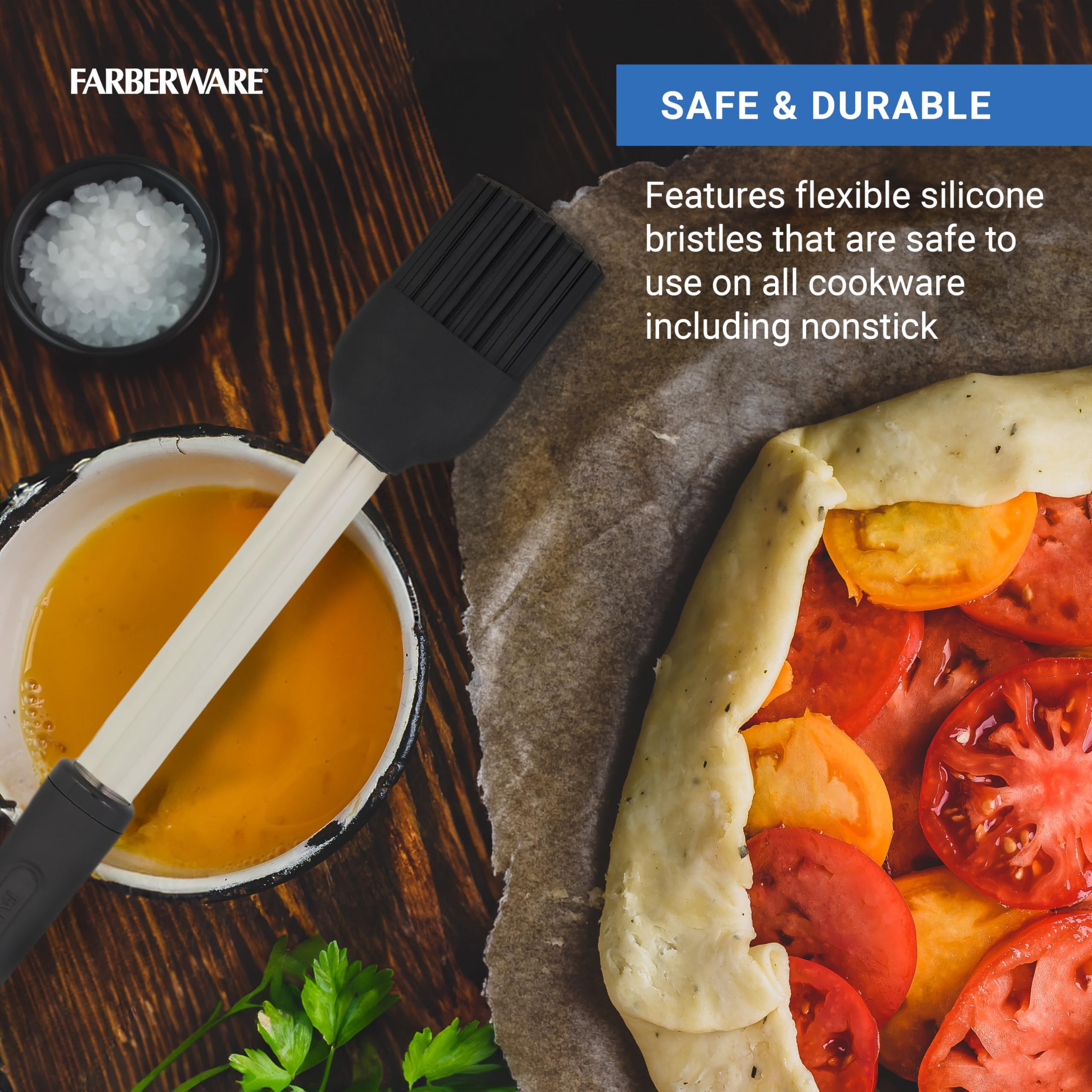 Farberware BBQ Basting Brush with Flexible Silicone Handle - Perfect for Grilling, Roasting, Basting Meats, Vegetables & Seafood - Dishwasher Safe & Includes Storage Ring - Ideal for Backyard BBQs, Camping & Outdoor Cooking