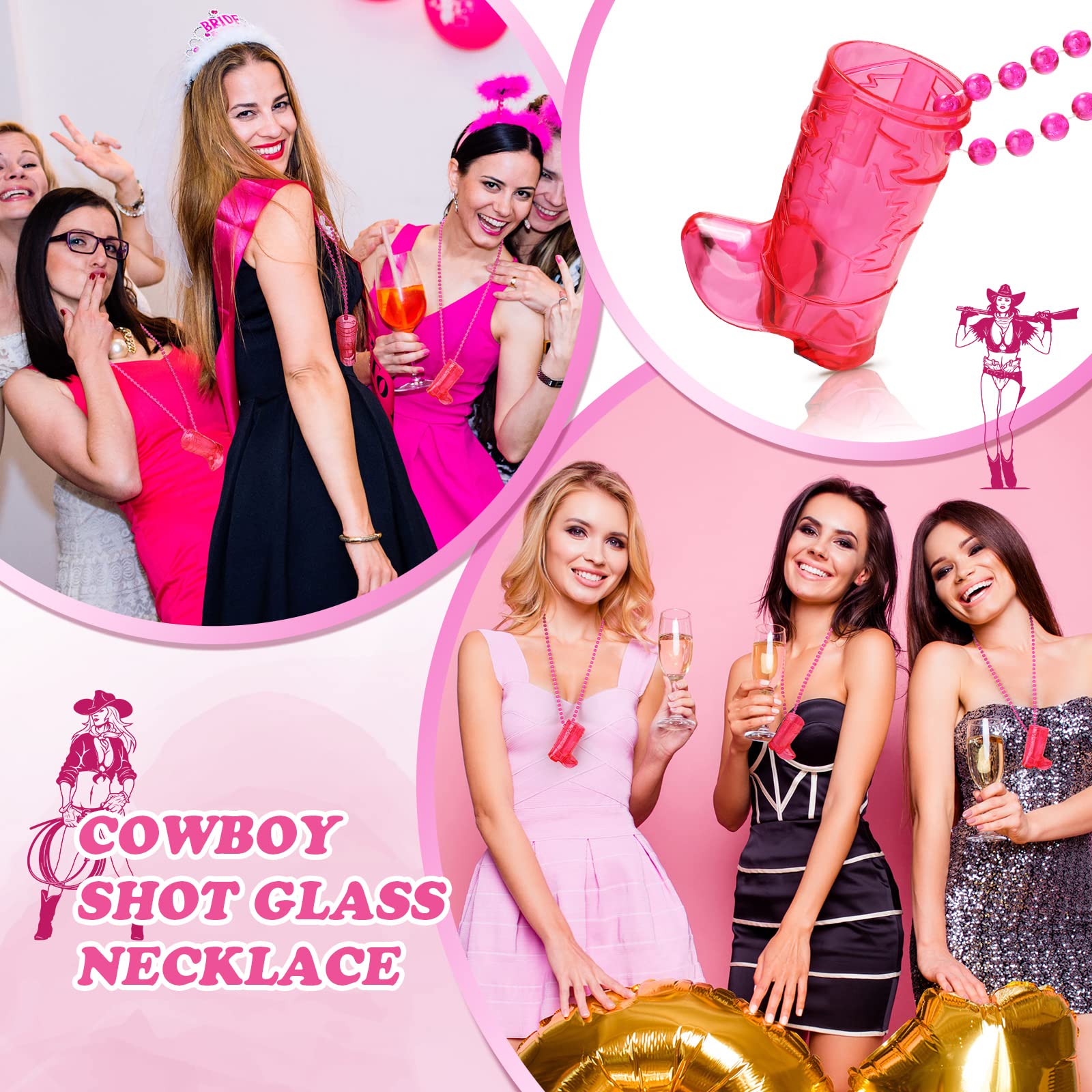 24 Pcs Cowgirl Shot Glass Necklace - Plastic Beaded Shot Glasses for Bachelorette Party, Wedding, Birthday & Carnival Events - Perfect for Bridal Showers, Western Themed Parties & Fun Group Activities (Transparent Rose)