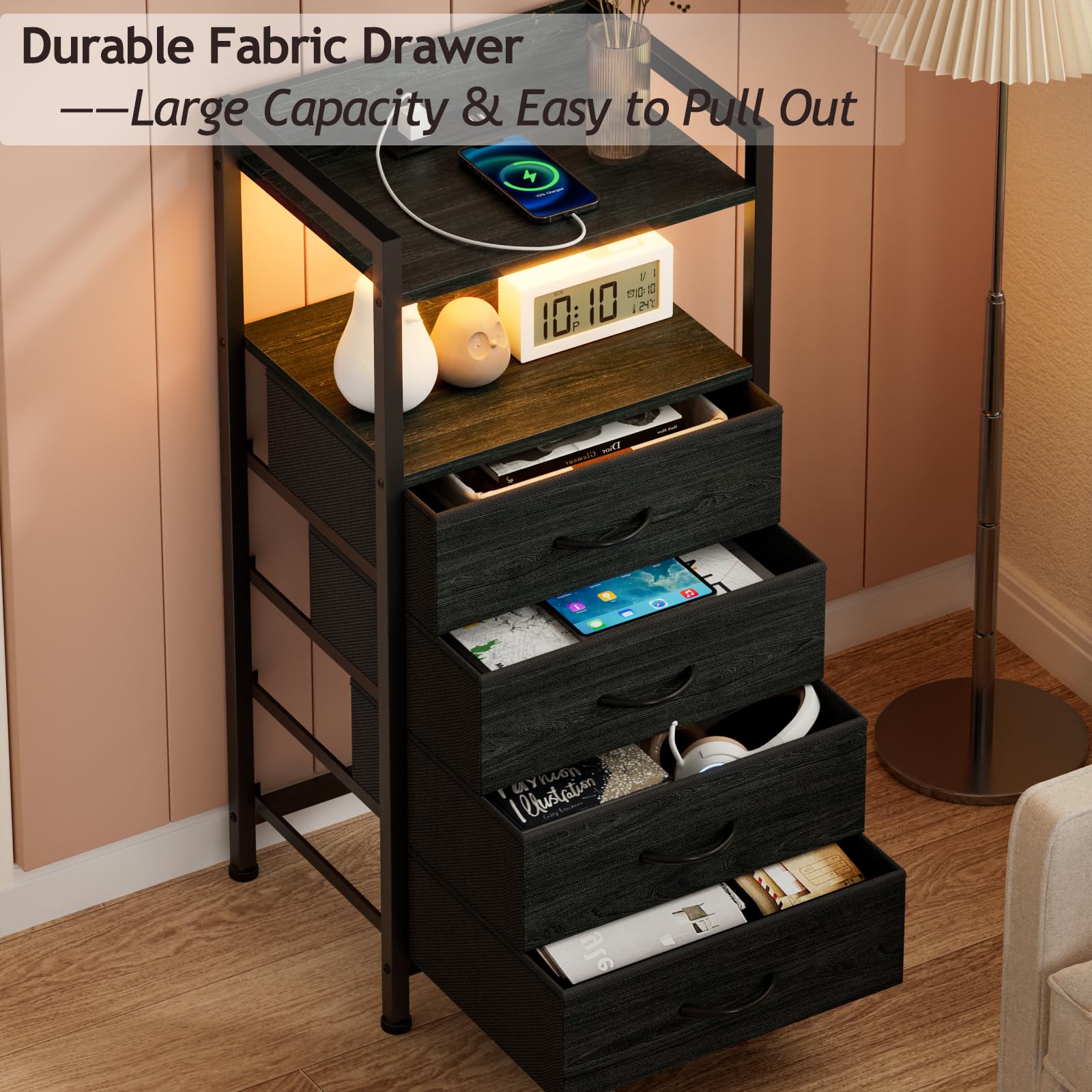 Modern Nightstand with USB Charging Station & LED Light - Black Bedside Table with Drawers, Fabric Storage Bins & Metal Frame - Tall Wooden Dresser for Bedroom - Perfect for Small Spaces, Apartment Living & Guest Rooms