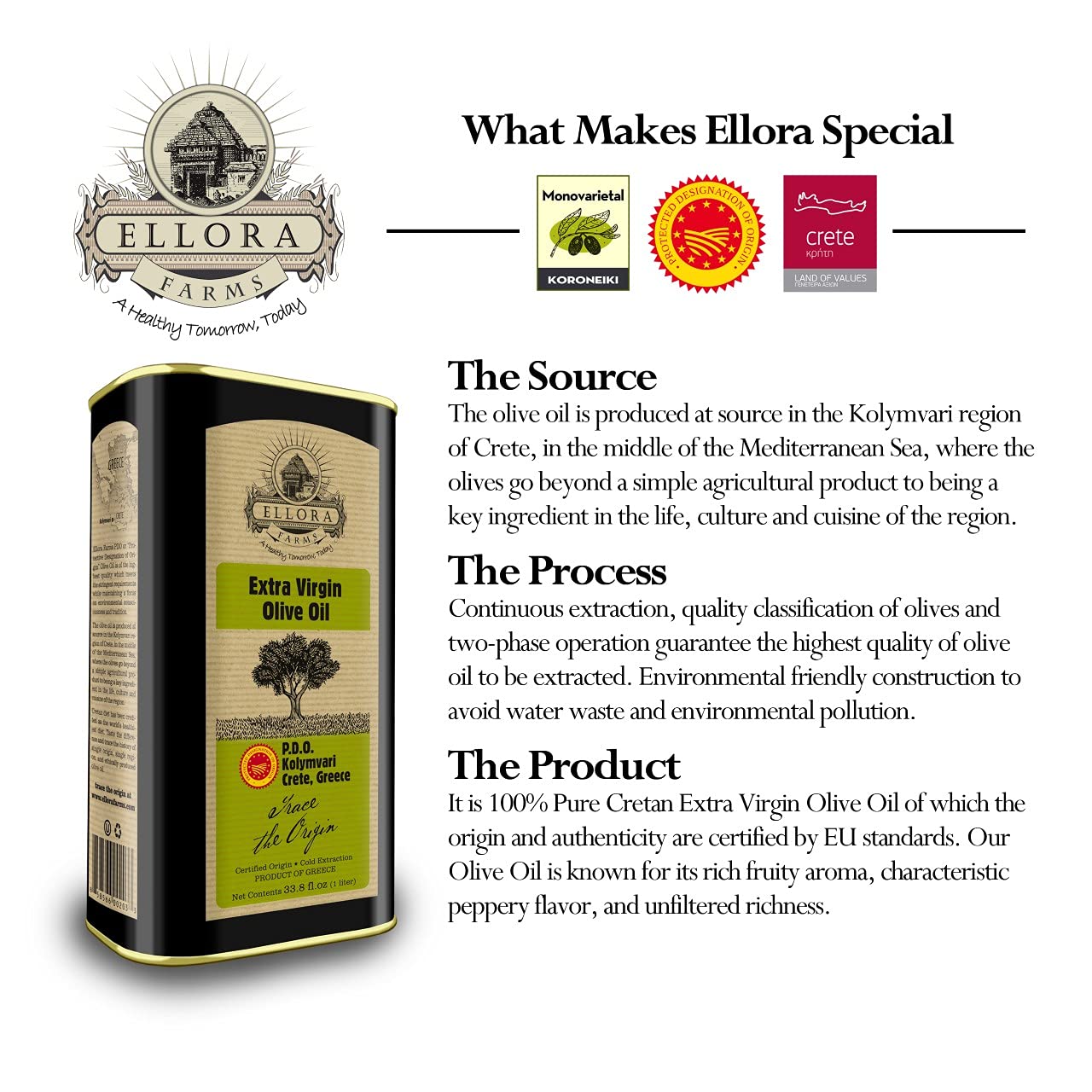 Ellora Farms Greek Extra Virgin Olive Oil - Certified Single Estate PDO, Traceable, Harvested in Crete, Kosher Certified, 1L x 3 Tins (101.4 Fl Oz) - Perfect for Cooking, Salad Dressings & Gourmet Recipes