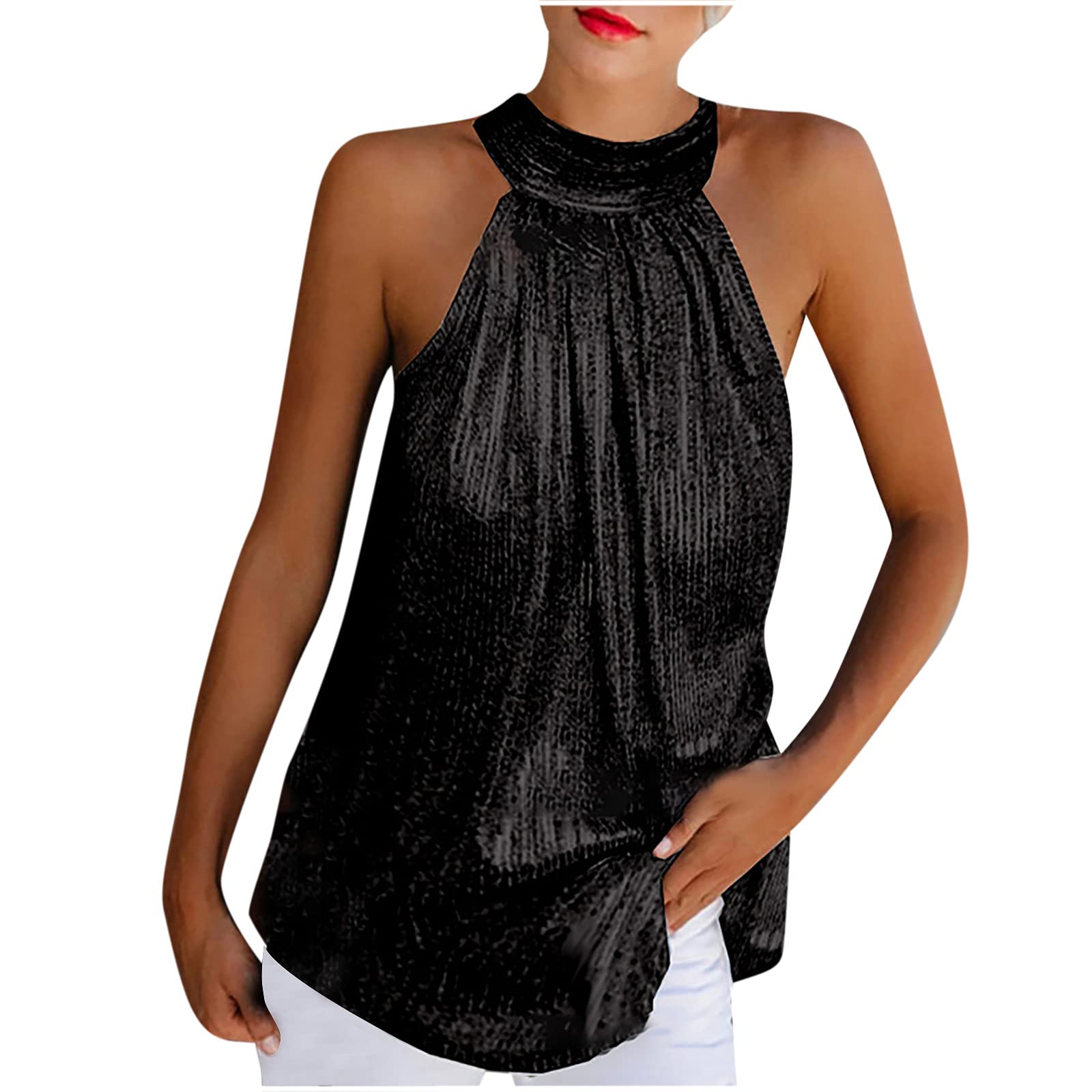 Sexy Cold Shoulder Sequin Sleeveless Tops for Women - Loose Fitting Halter Casual Blouse for Party, Date Night & Summer Outfits