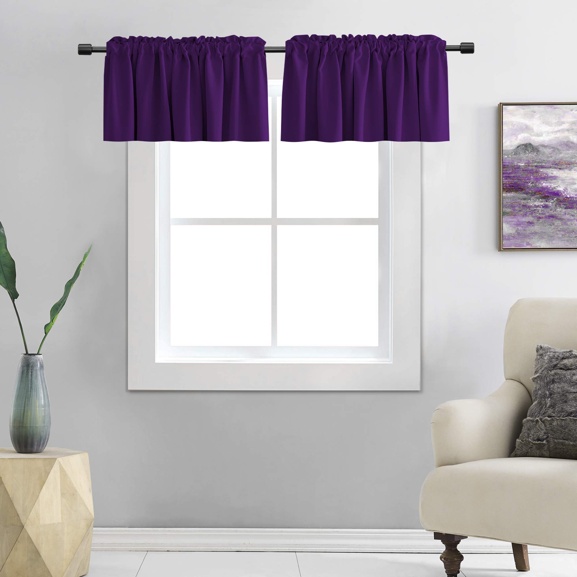 Royal Purple Blackout Window Valances for Kitchen - 42x18 Inch Rod Pocket Valances (Set of 2 Panels) - Perfect for Small Windows, Home Decor, and Light Control
