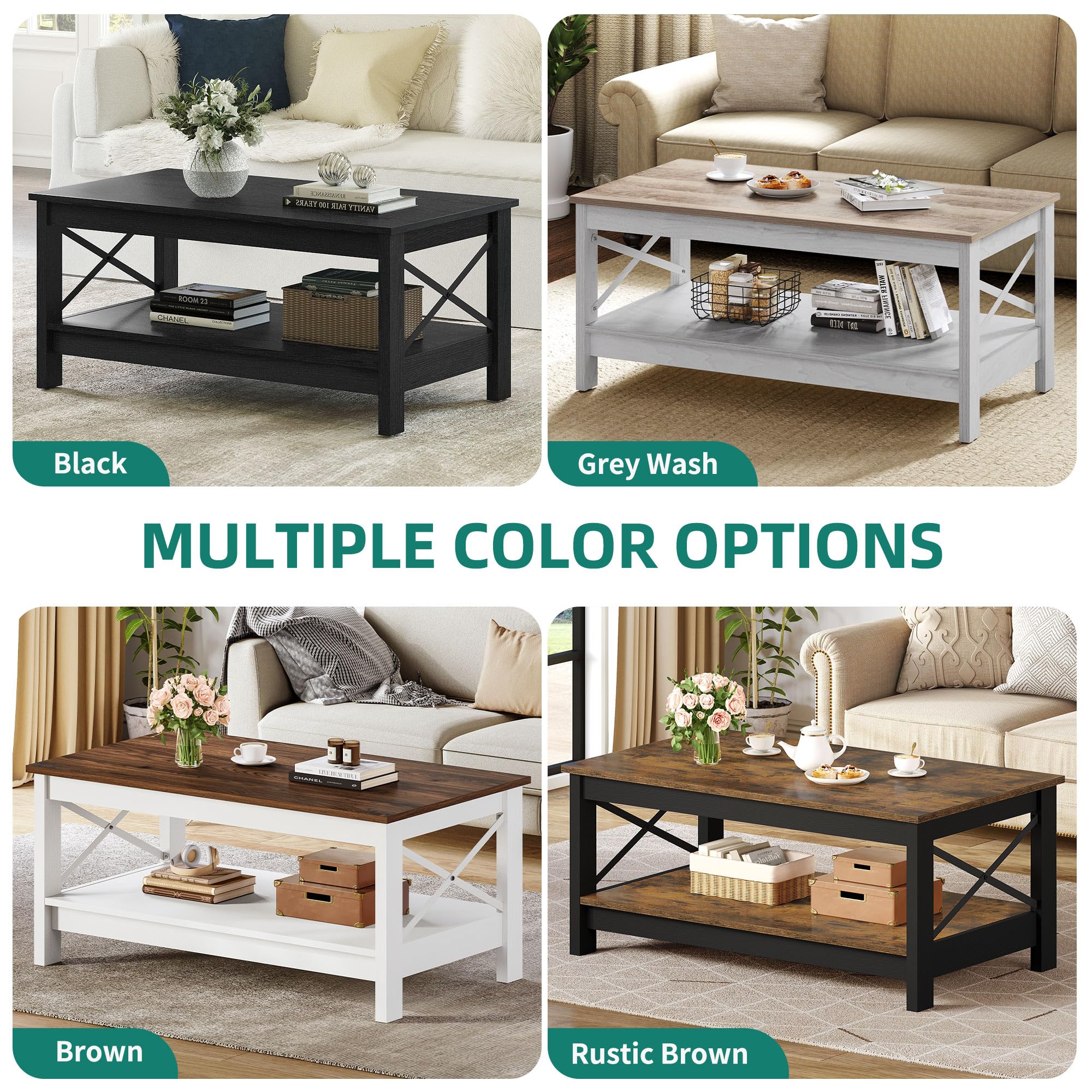 Modern Farmhouse Coffee Table with Storage - 2-Tier Wooden Living Room Center Table, Rustic Brown Accent Cocktail Table with Sturdy Frame | Perfect for Small Spaces, Farmhouse Decor & Cozy Living Rooms