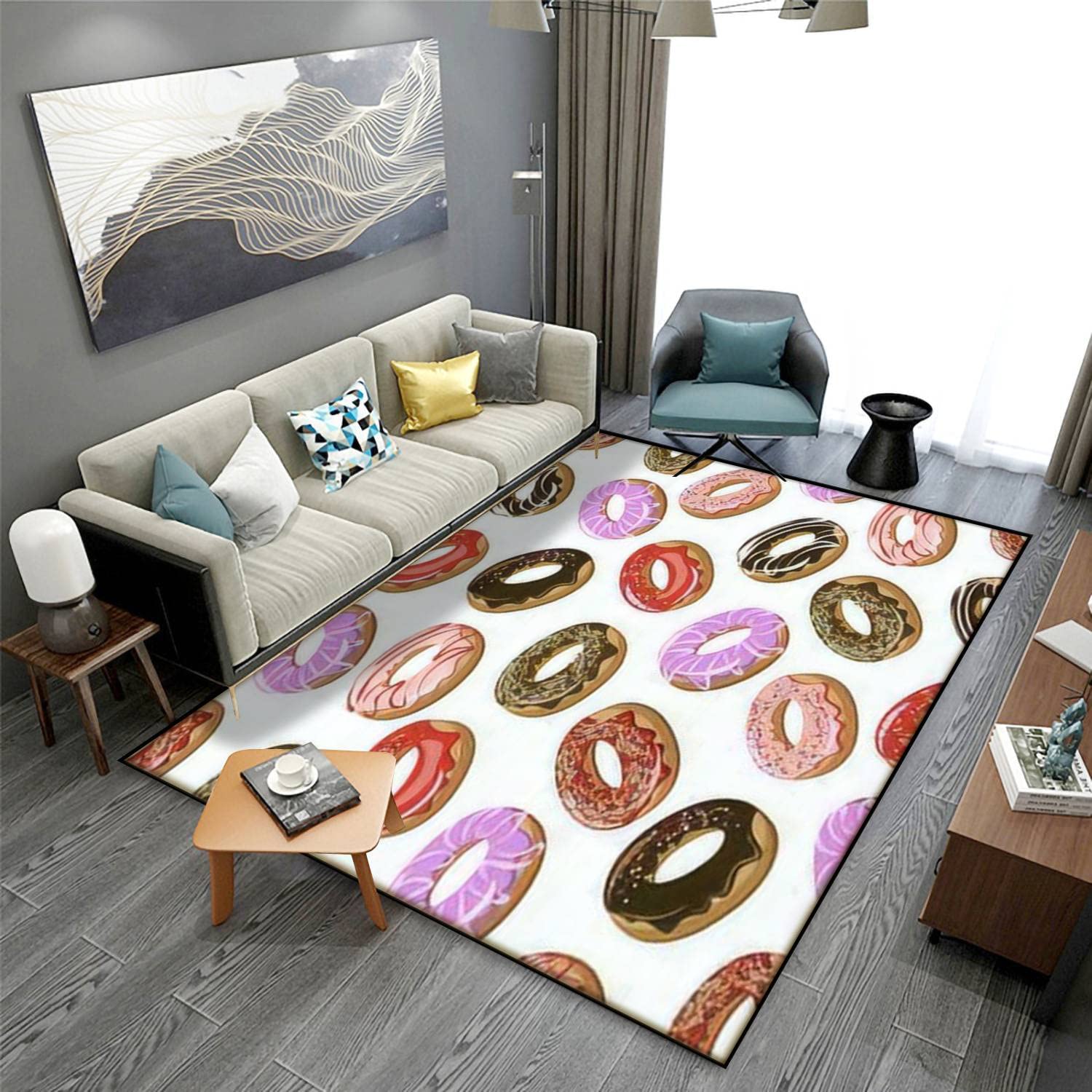 MJKIODPEV Donut Print Area Rug - Soft Non-Slip Indoor/Outdoor Carpet with Multicolor Sweet Donuts Design, 63''×94'' - Perfect for Living Room, Bedroom, Dorm Decor & Playful Kitchen Accent