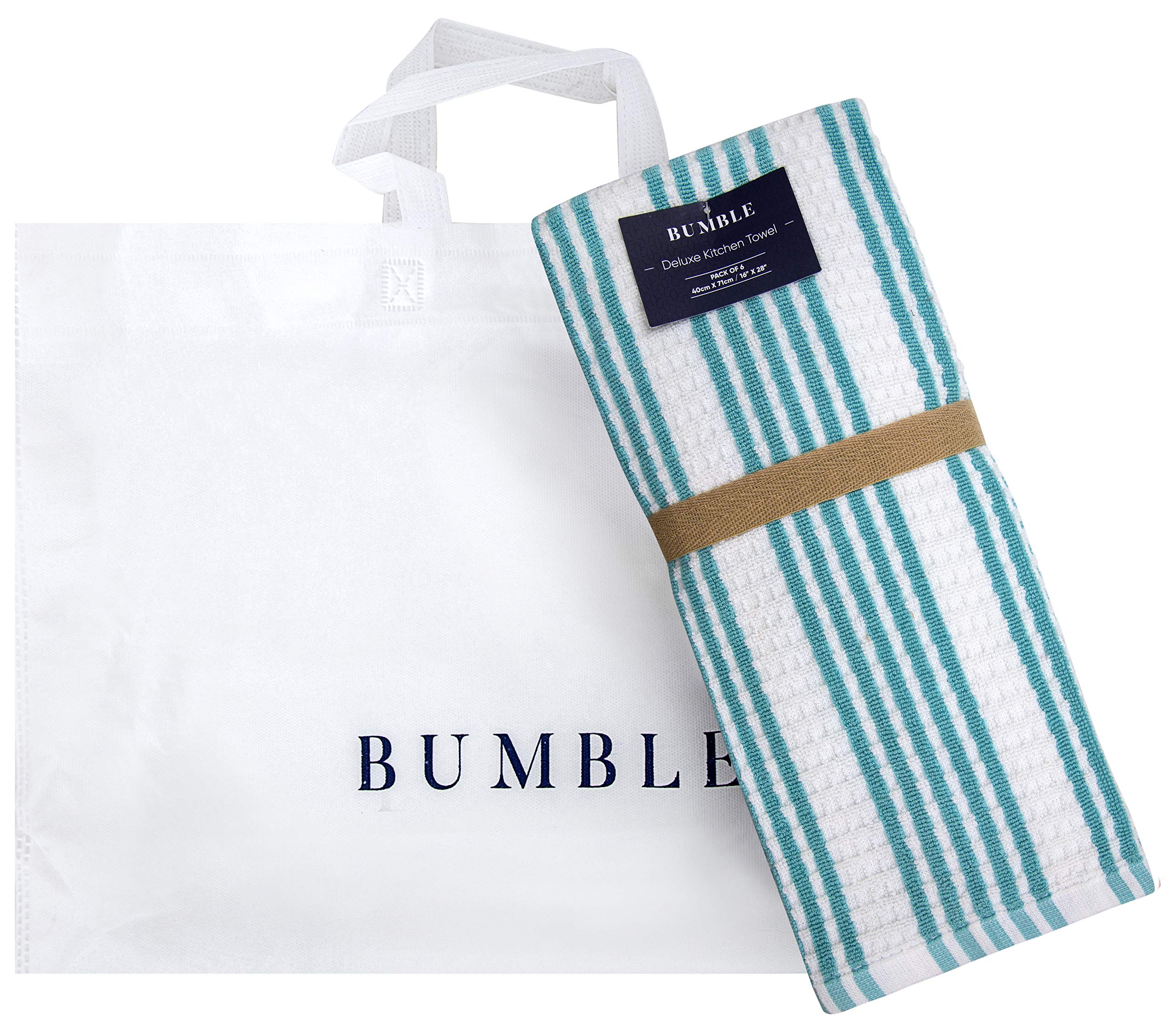 Premium 6-Pack Large Absorbent Kitchen Towels Set | 380 GSM Waffle Weave Cotton Dish & Tea Towels for Drying Dishes | Striped Yarn-Dyed Hanging Towels in Aqua | Perfect for Kitchen, Dining & Hosting Gifts
