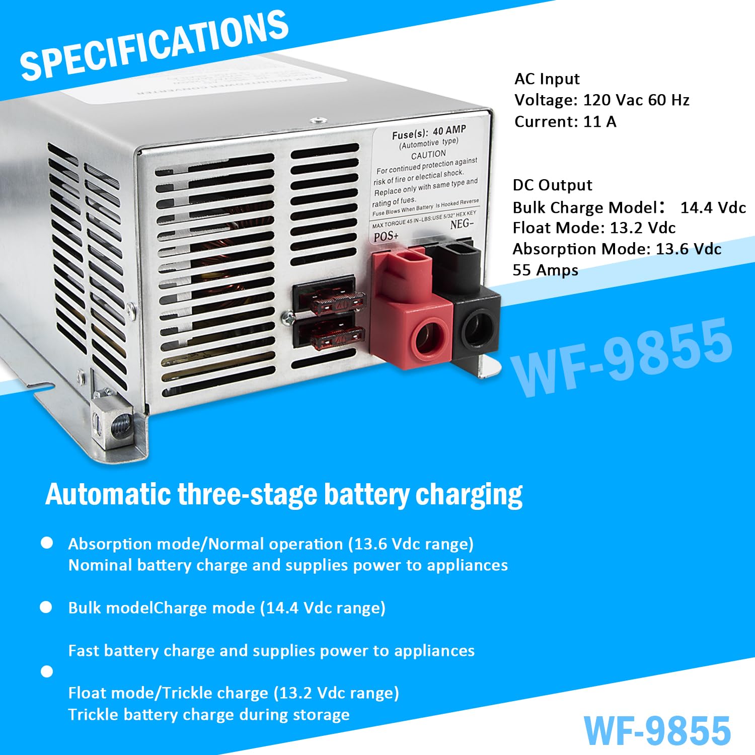 WF-9855 55 Amp RV Lithium-Ion Charger/Converter - Replacement for 9800 Series | Deck Mount Power Supply for RV, Trailer & Camper | Fast Charging & Battery Maintenance for Boondocking & Off-Grid Adventures