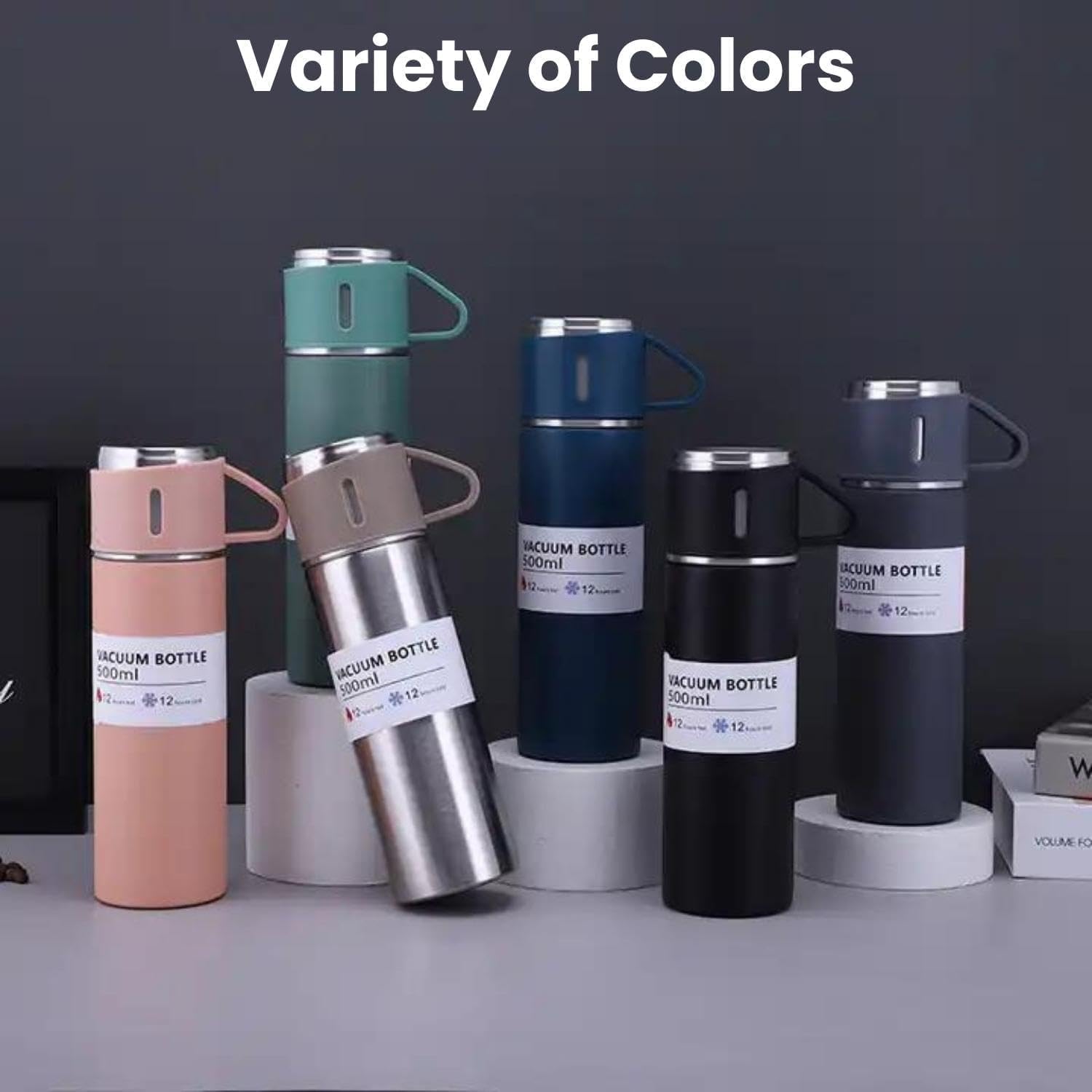 Premium Double Wall Stainless Steel Vacuum Insulated Water Bottle - 500ML Leakproof Thermos for Hot & Cold Drinks, Comes with 2 Cups - Ideal for Travel, Camping, Office & Gym - Great Gift for Coffee & Tea Lovers (Multicolor Options)