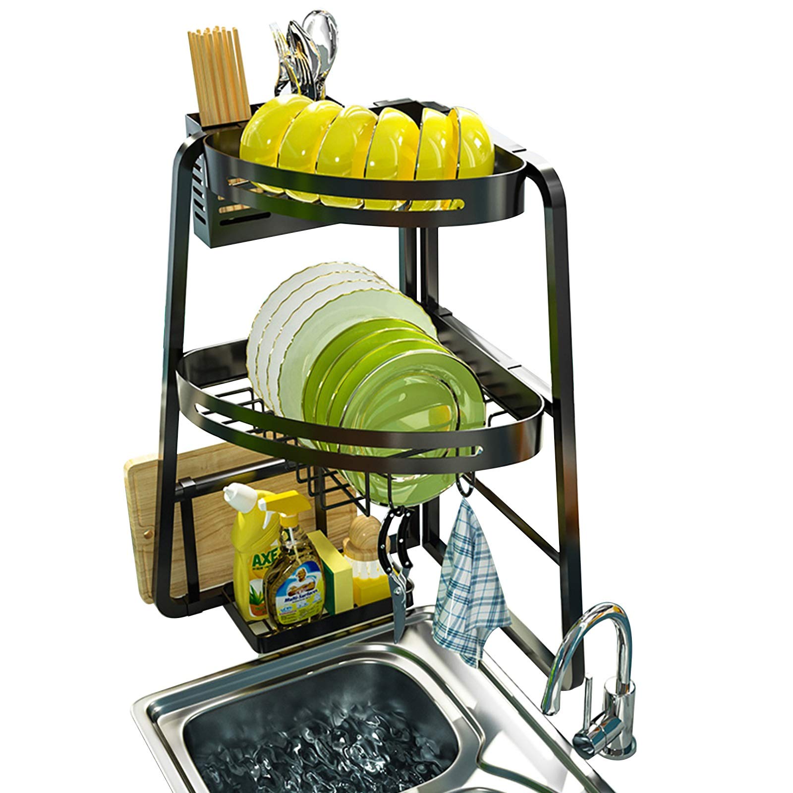 Space Saving 2-Tier Triangle Dish Drying Rack with Utensil Holder, Cutting Board & Sponge Storage - Sturdy Kitchen Countertop Organizer for Small Spaces | Perfect for Apartments, RVs & Compact Kitchens